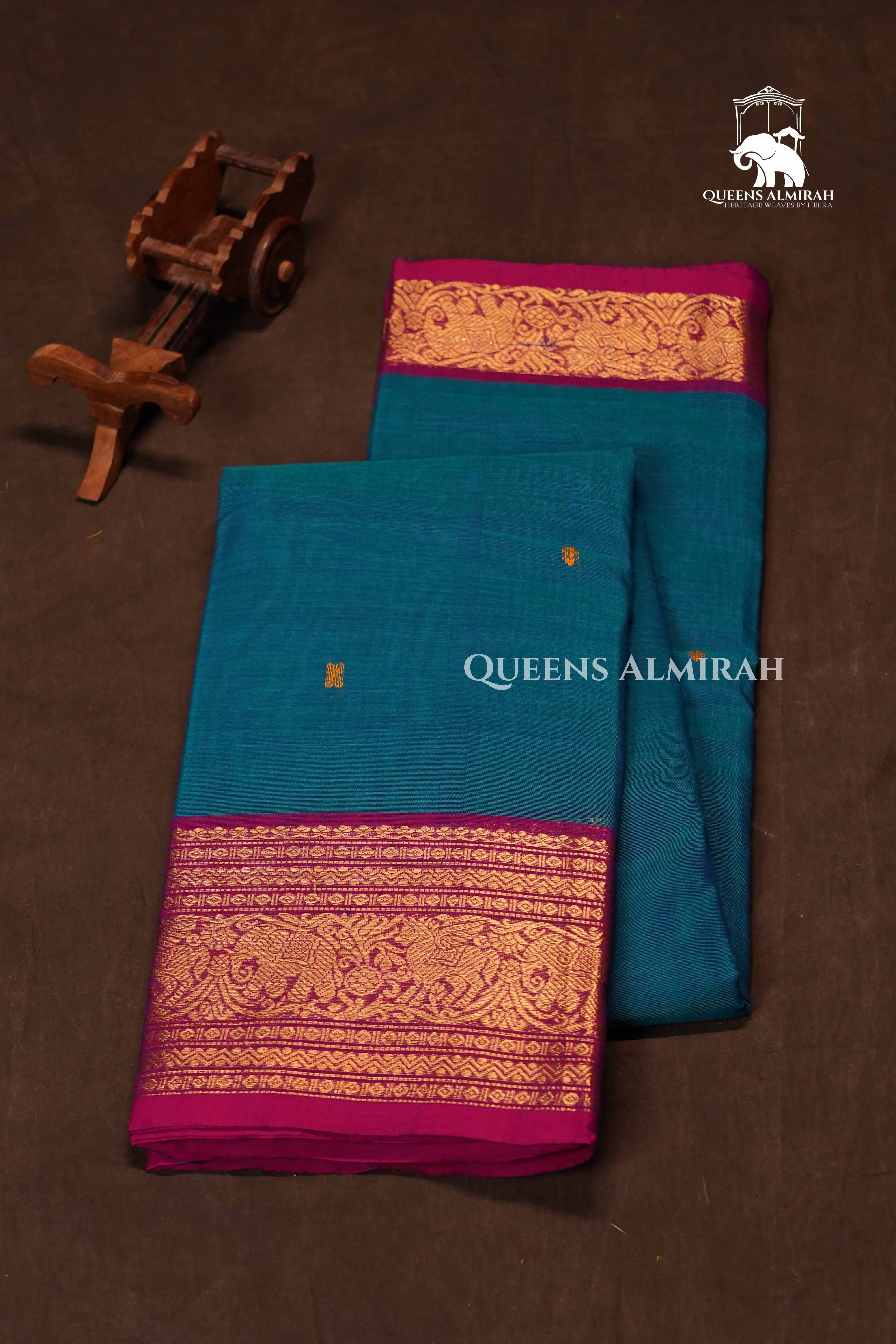 Sea Blue With Pink Kanchi Cotton Saree