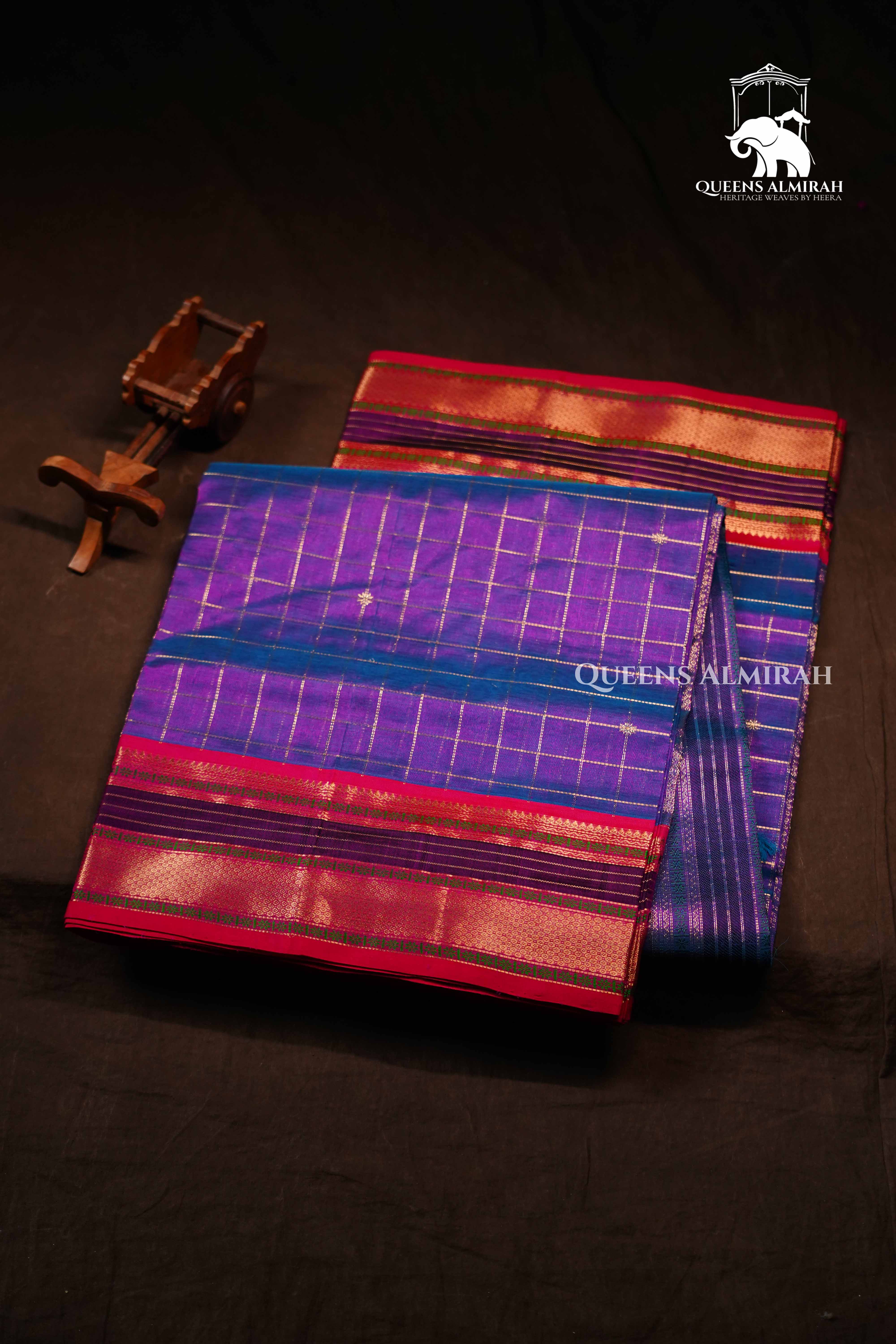 Dual Shade Of Blue-Karaikudi Chettinad Silk Cotton Saree