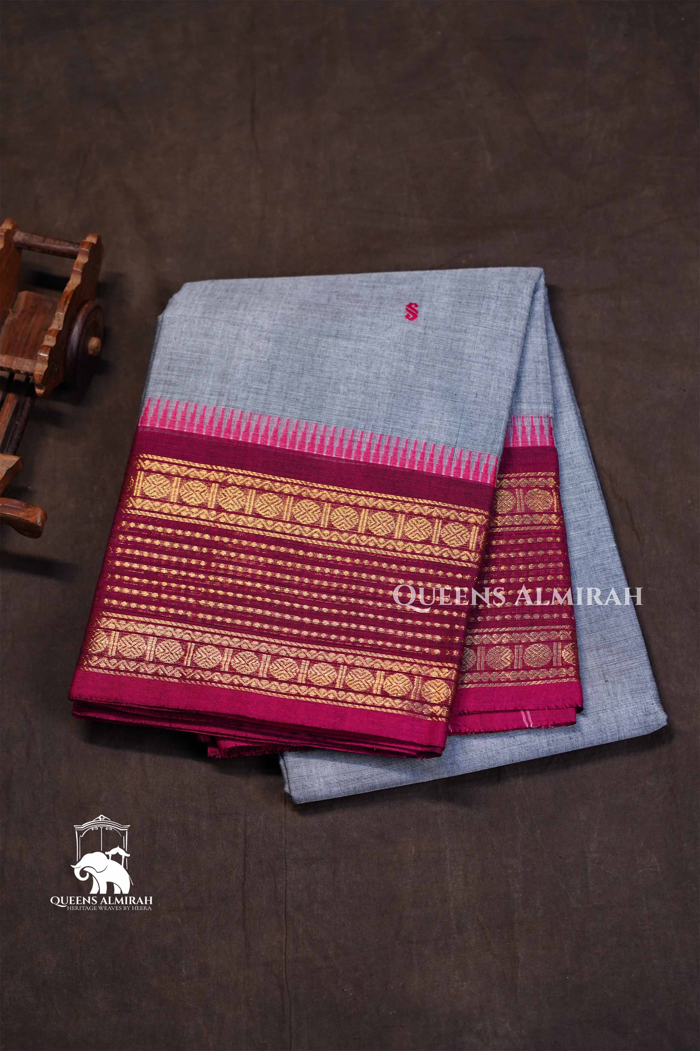 Light Grey With Magenta Pink Kanchi Cotton Saree
