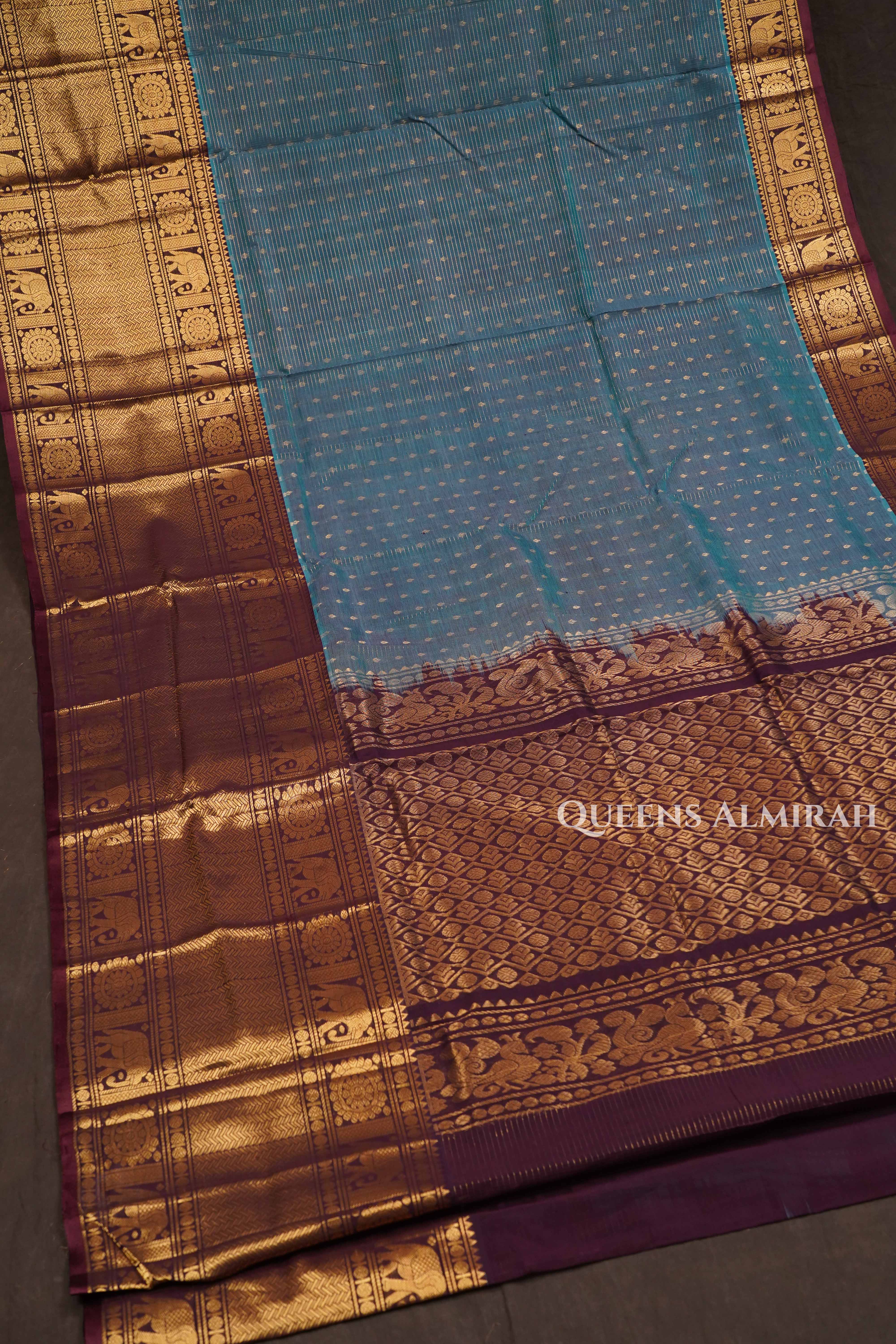 Ash Blue With Maroon Pure Silk Cotton Saree