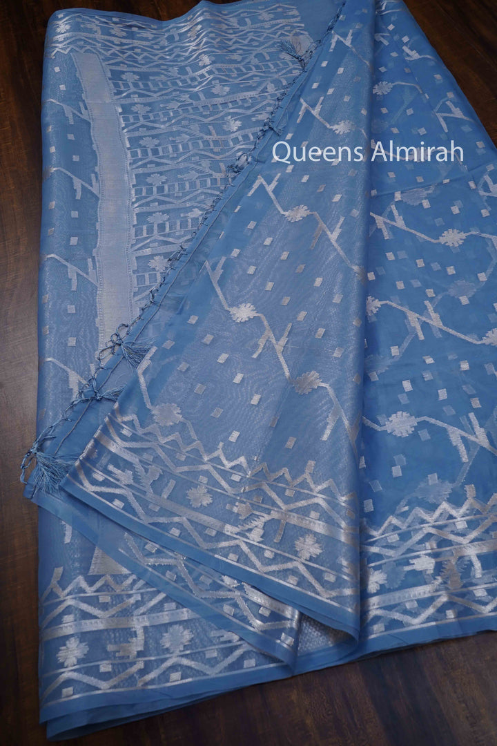 DUSKY BLUE MUSLIN JAMDANI SAREE - Queens Jewel Emporium