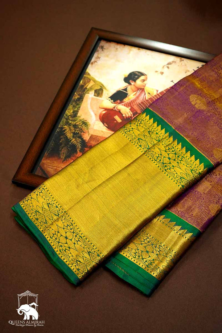 RICH PURPLE WITH RAMAR GREEN TISSUE KANCHI SILK SAREE - Queens Jewel Emporium