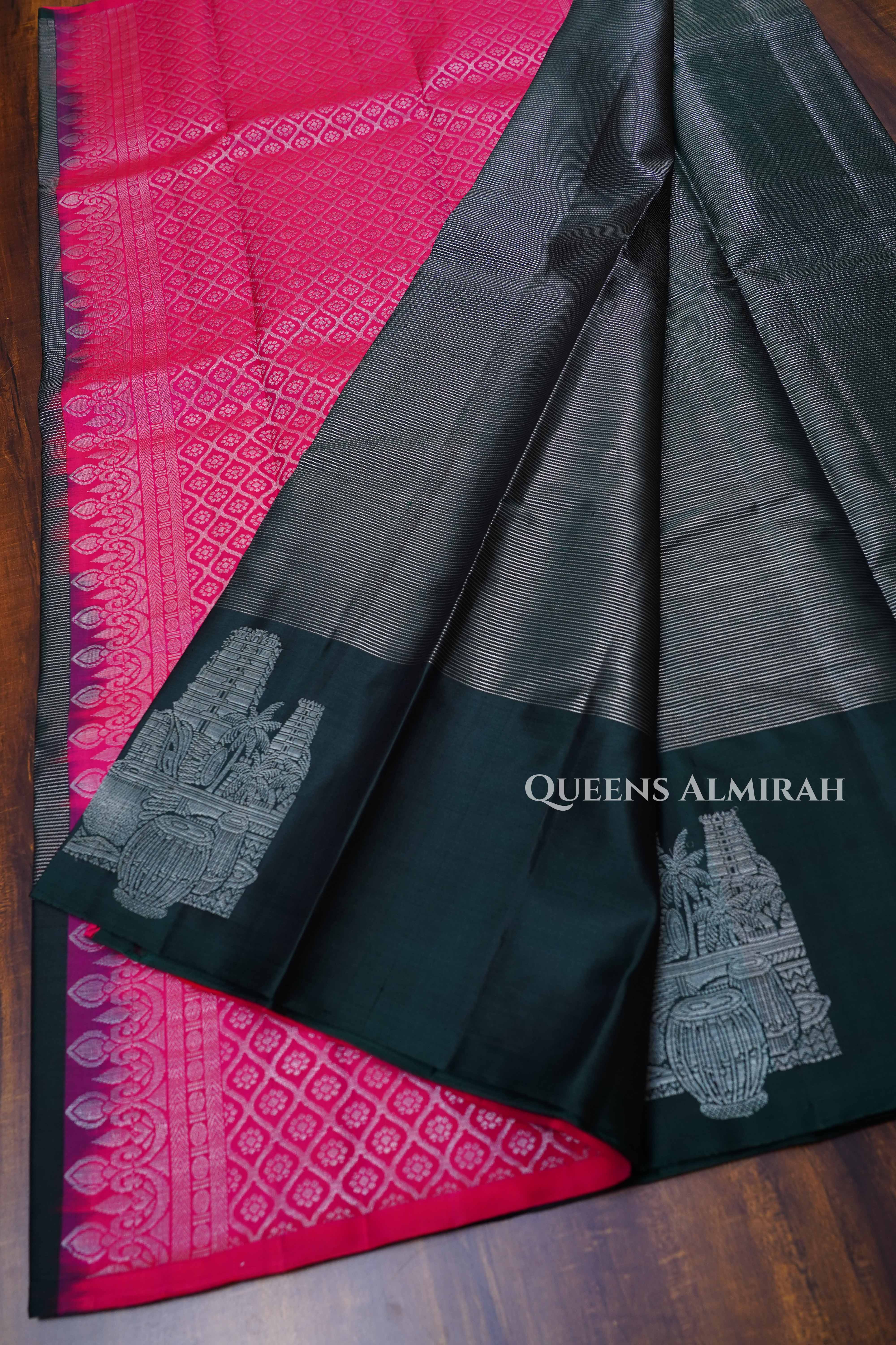 Dark Green With Pink Pure Kanchivaram Silk Saree