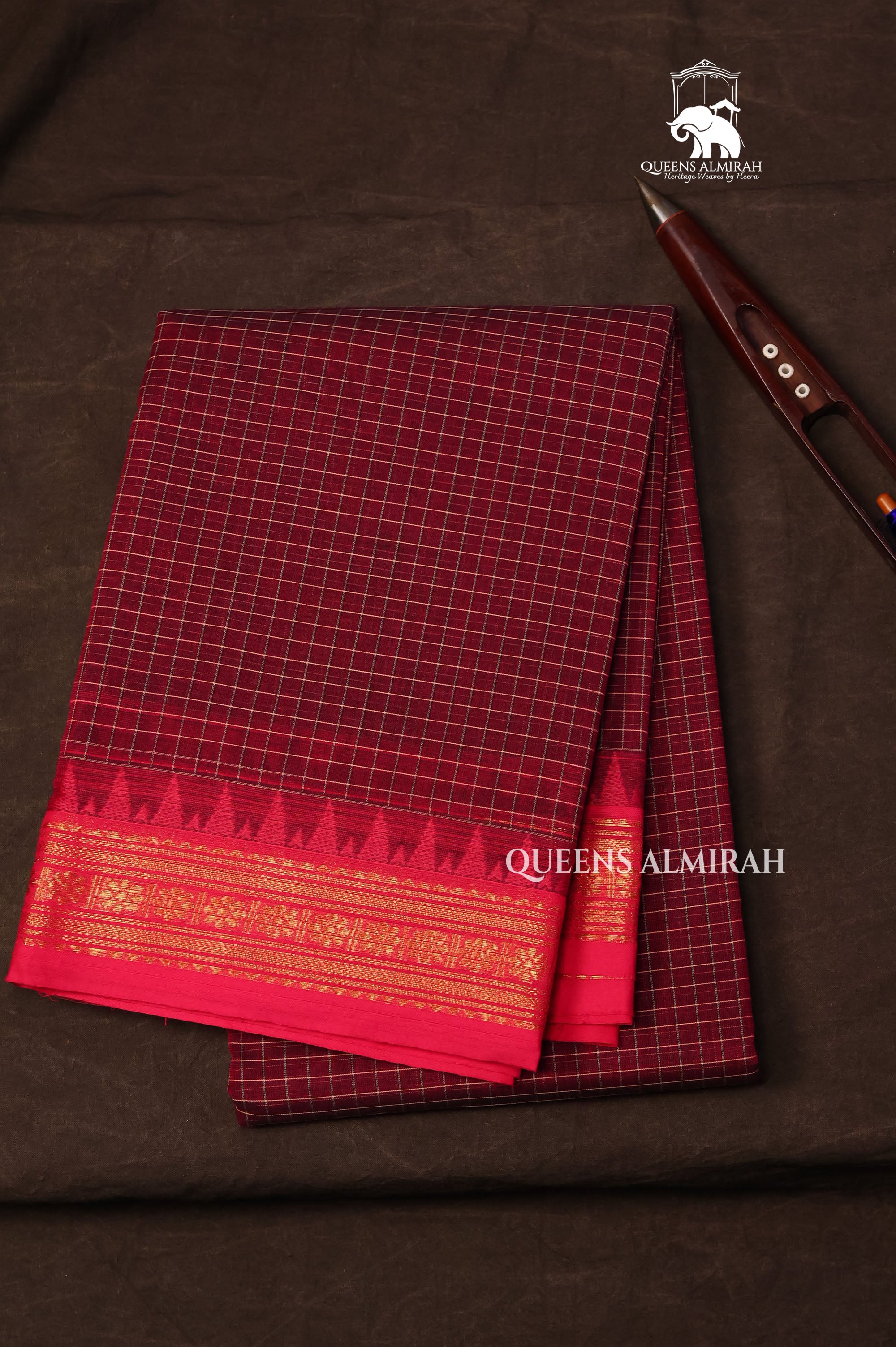 Maroon Kattam With Pink Kanchi Cotton Saree