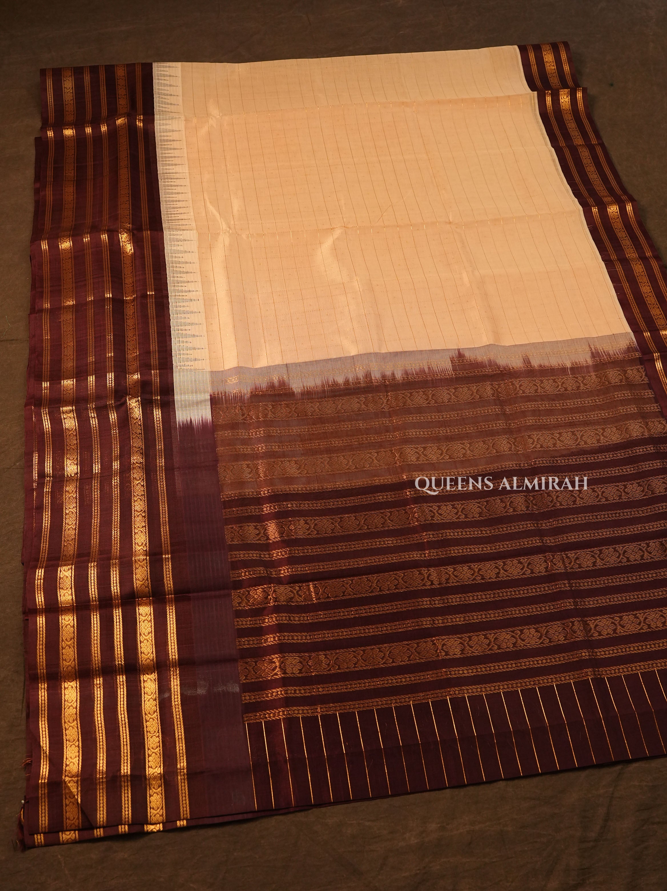 Biscuit With Coffee Brown Varisapet Pure Silk Cotton Saree