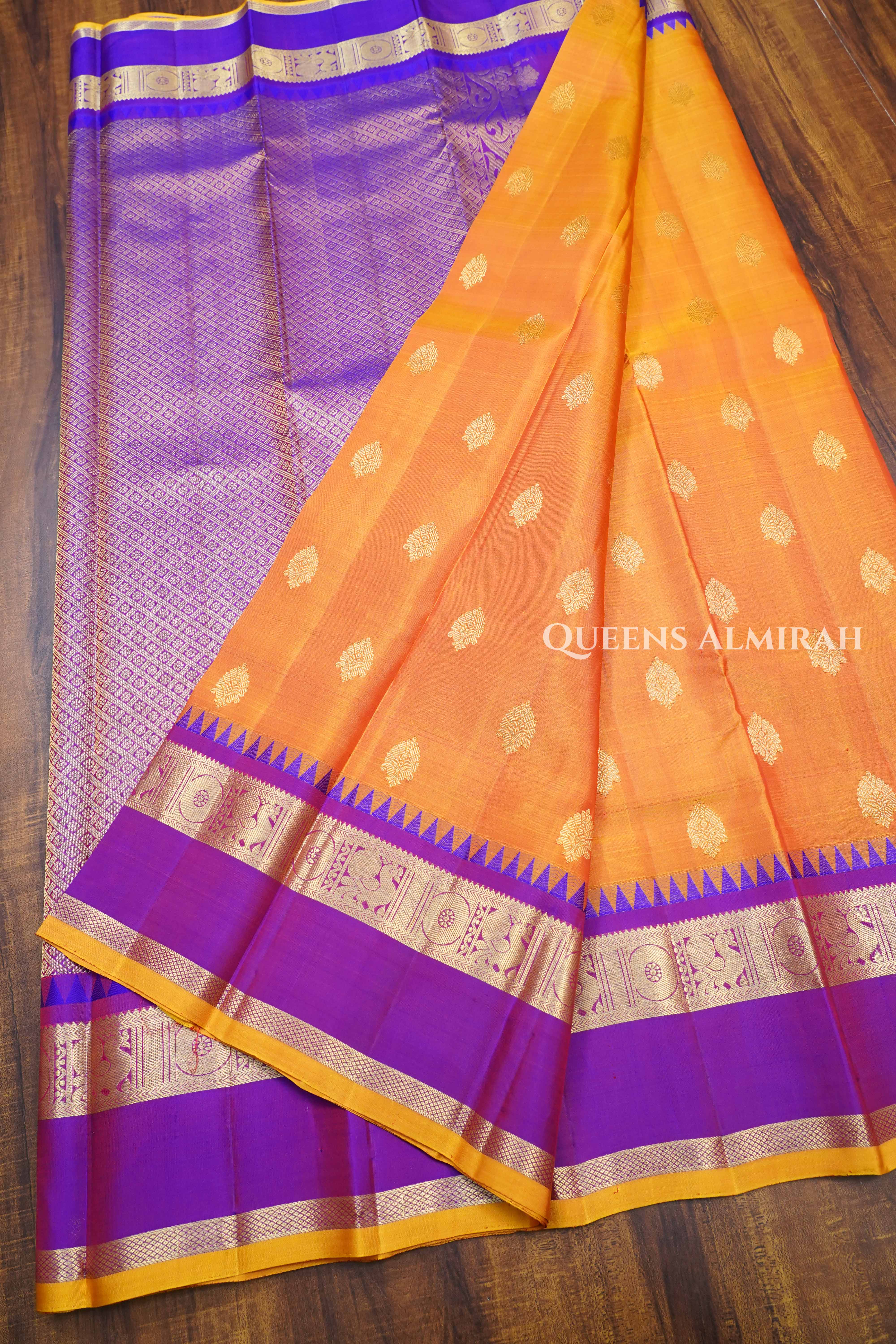Orange With Purple Pure Kanchivaram Silk Saree