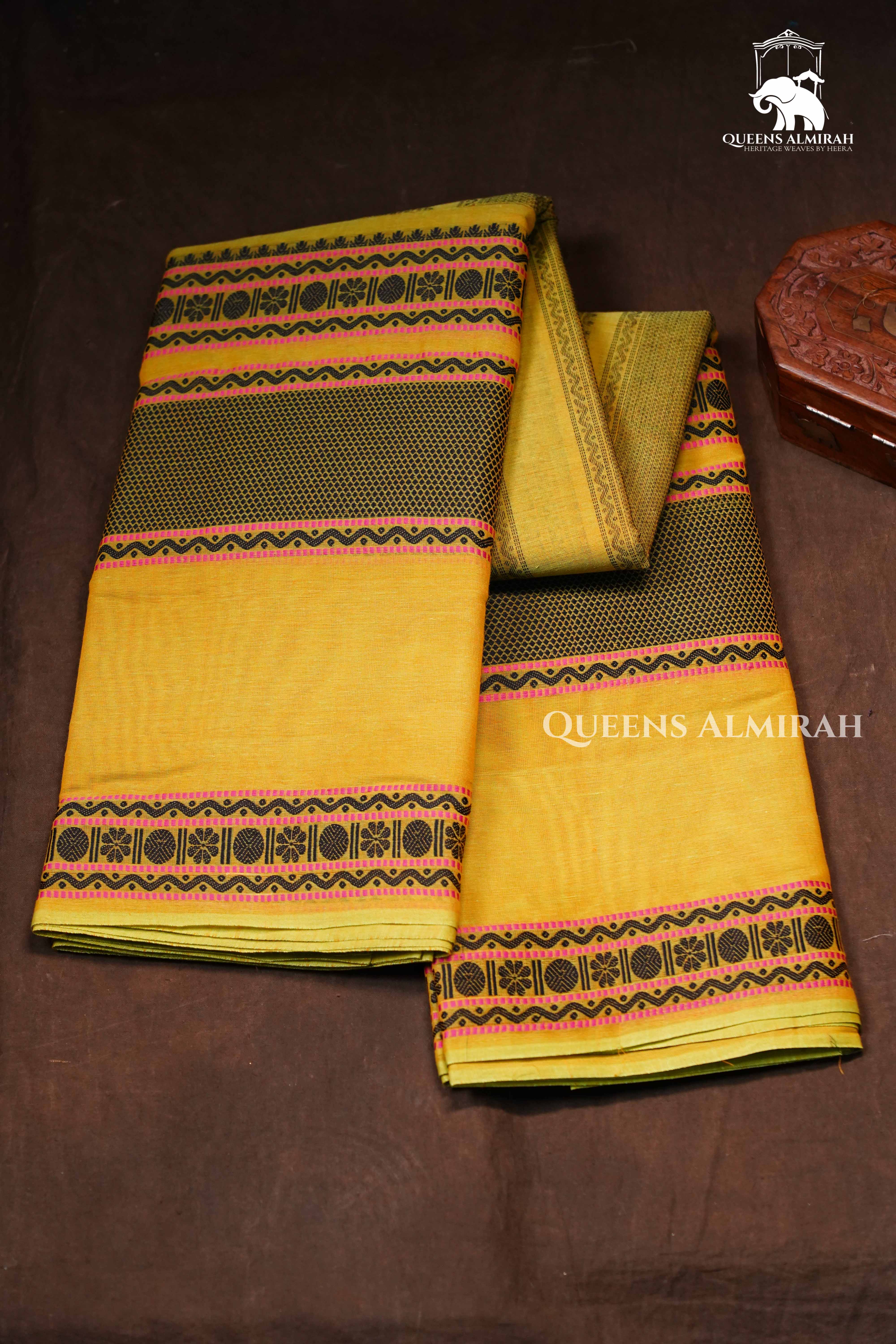 Lemon Yellow With Black Chettinad Cotton Saree