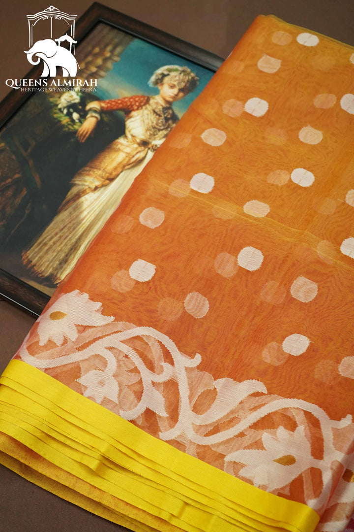 APRICOTS ORANGE MUSLIN JAMDANI SAREE - Queens Jewel Emporium