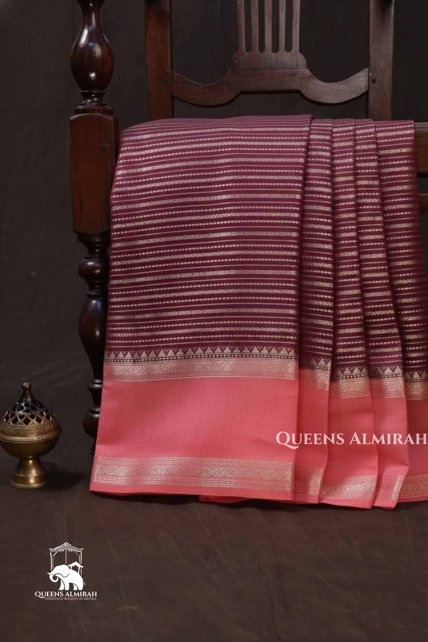 Maroon With Pink Chiniya Silk Saree