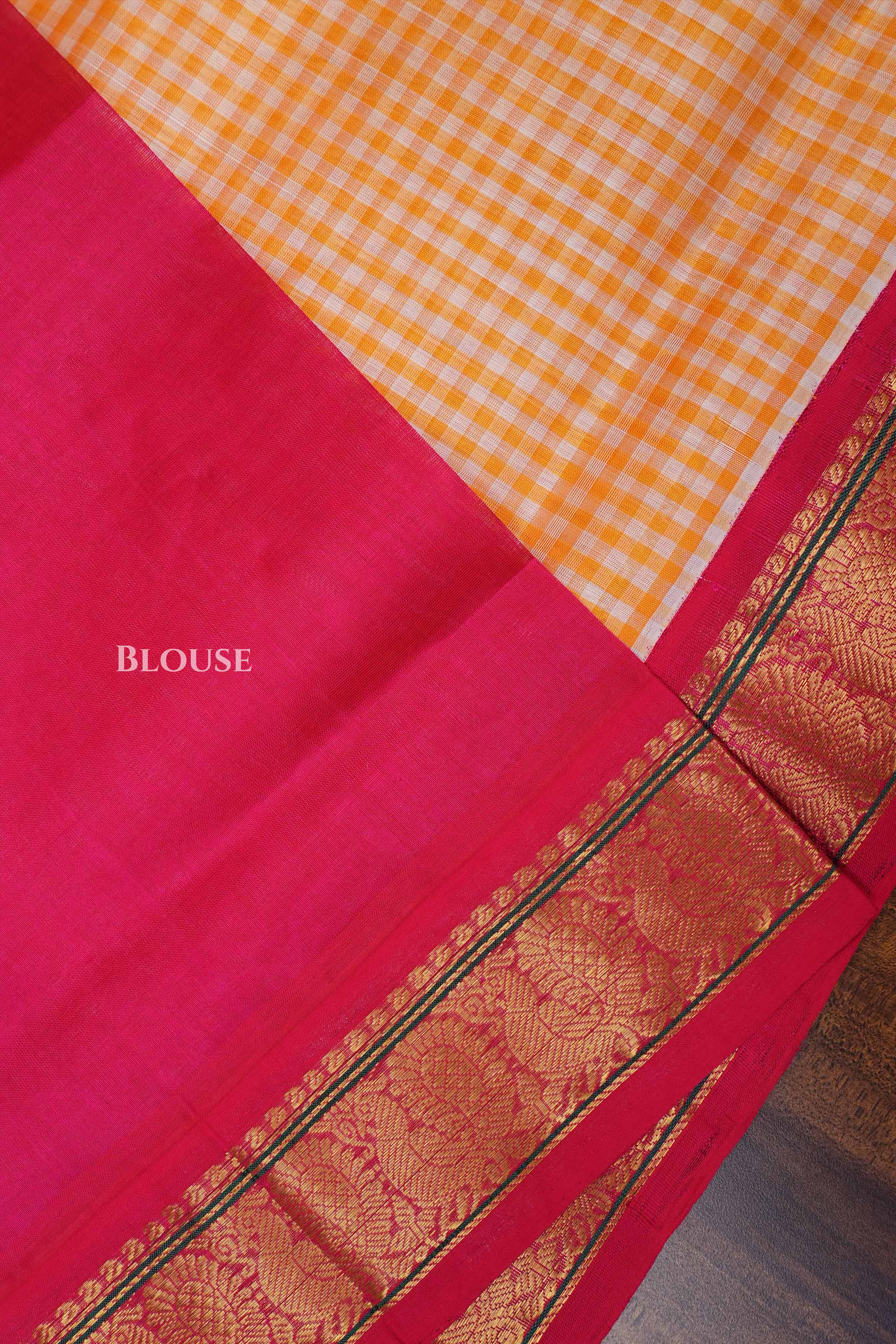 Yellow Checks With Red Pure Silk Cotton Saree