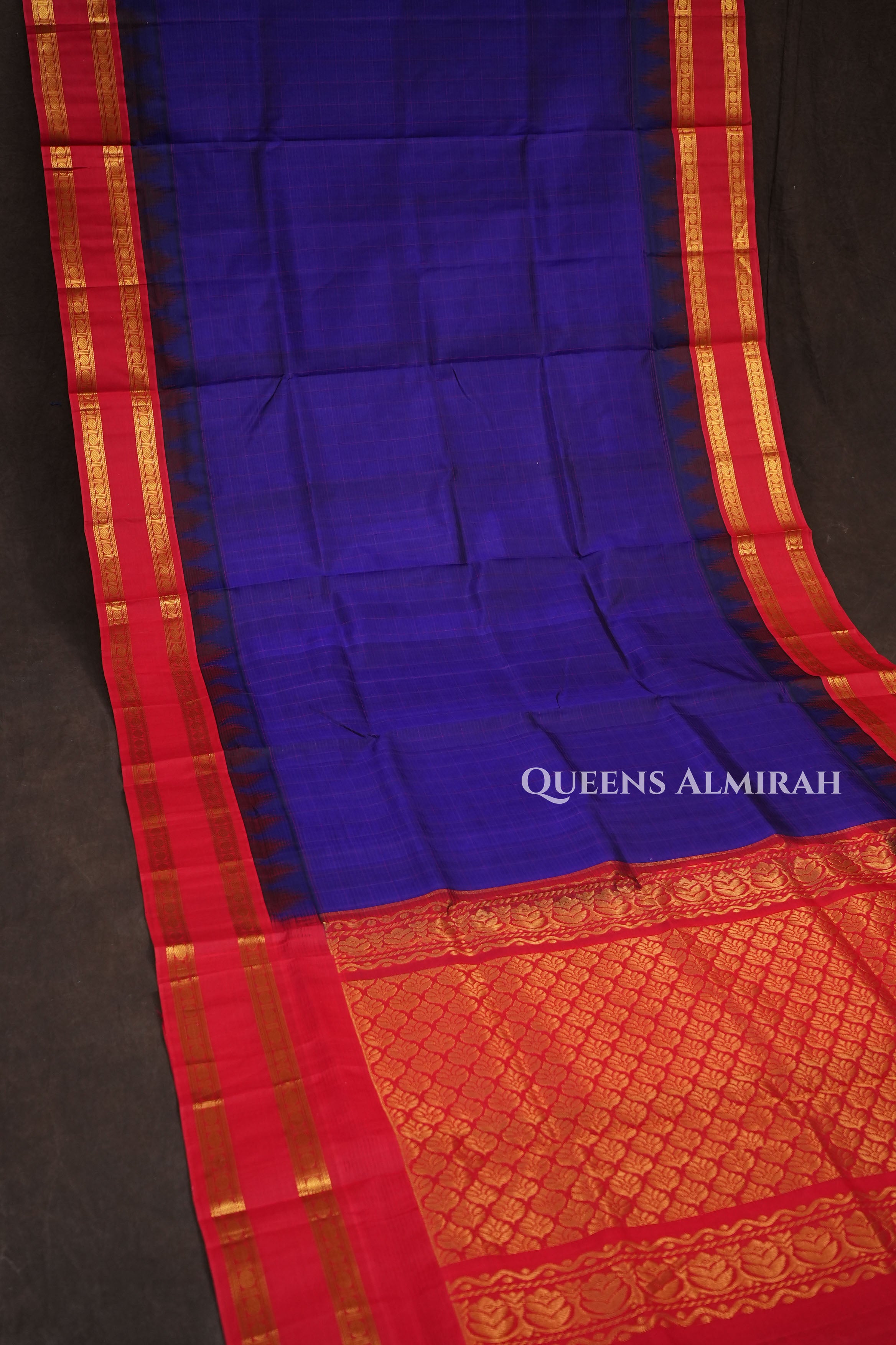 Dark Navy Blue With Red Pure Kanchi Silk Cotton Saree
