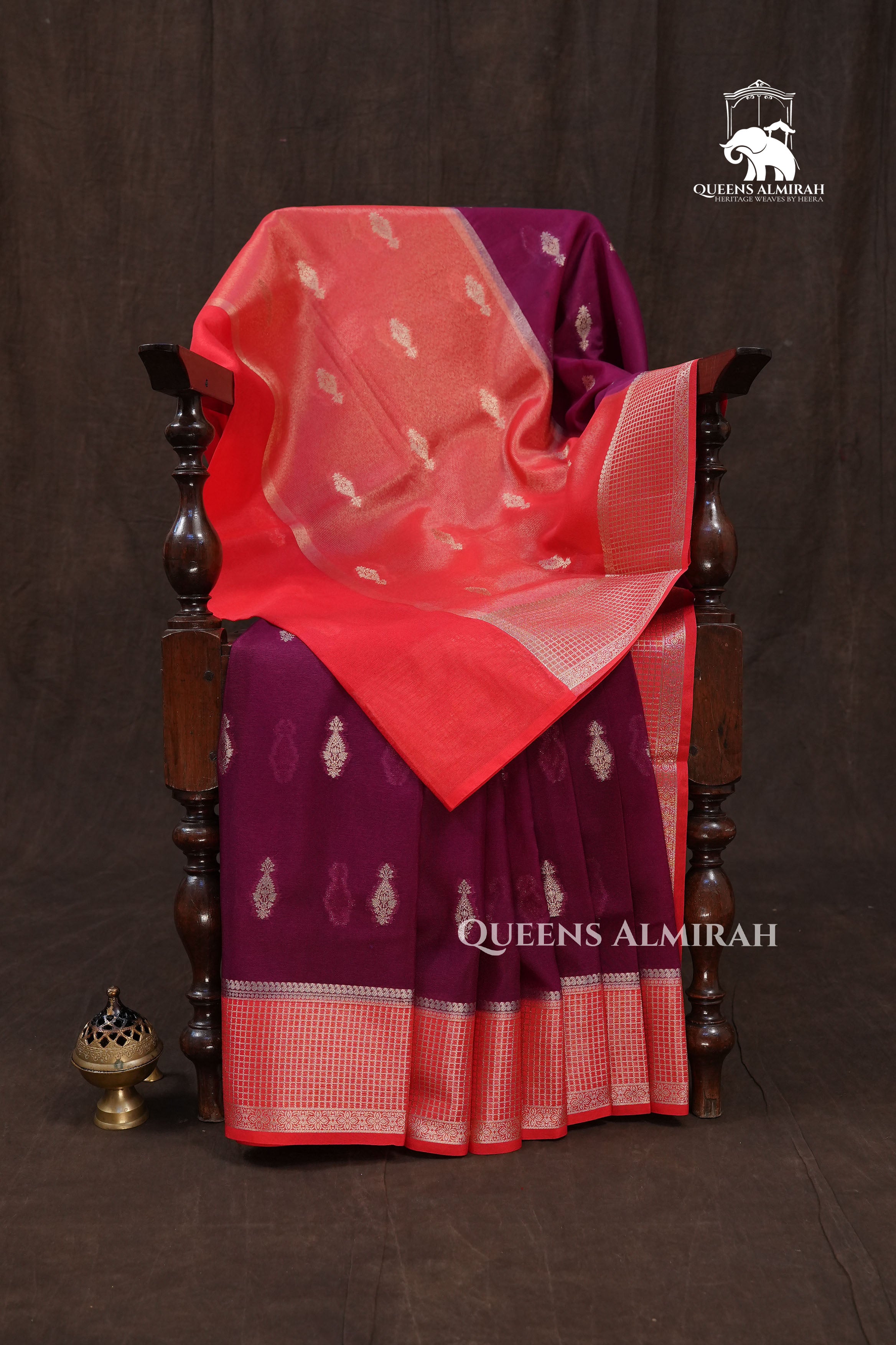 Purple With Red Semi Banarasi Silk Saree