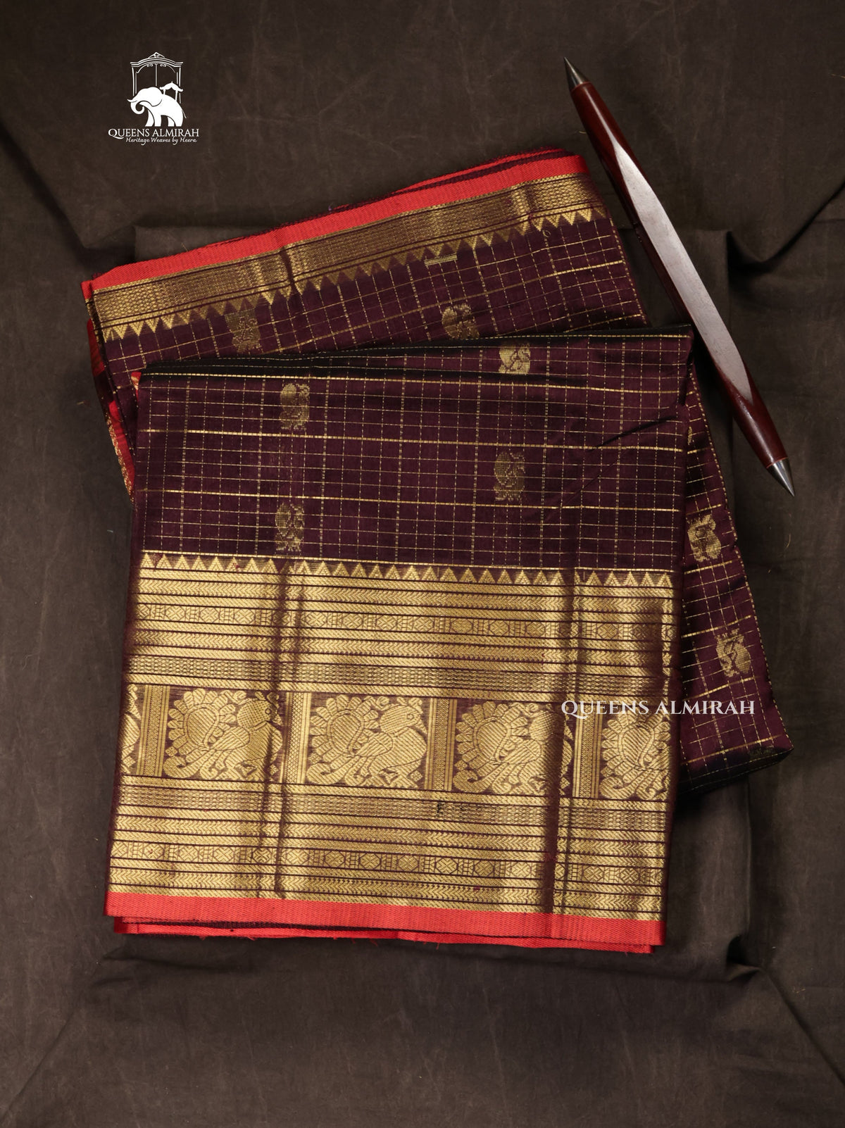 Brown With Red Pure Silk Cotton Saree