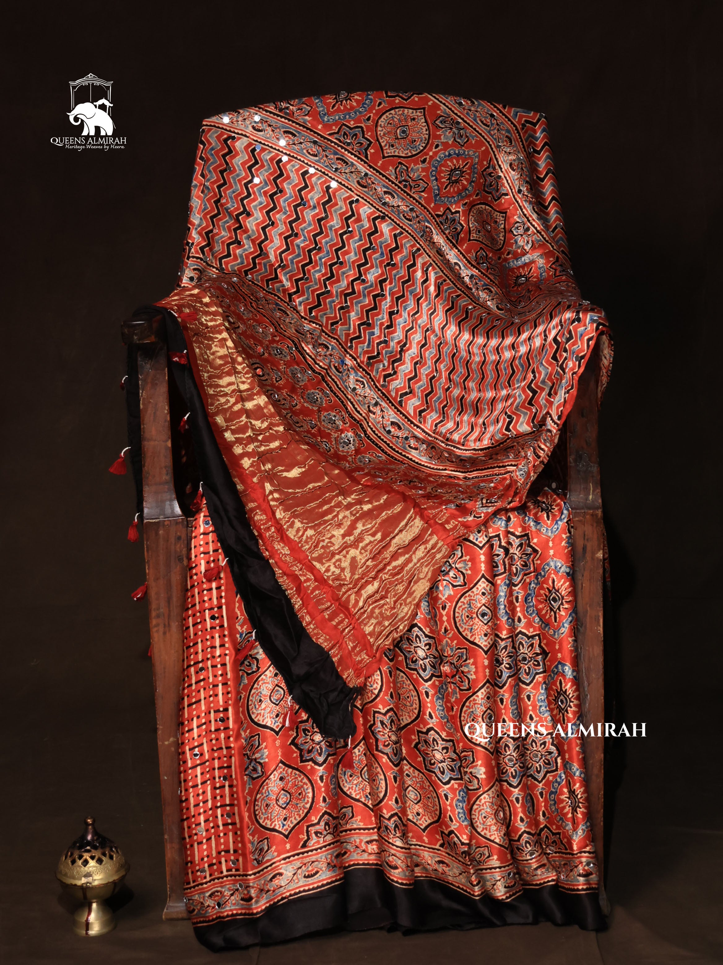Rust Orange Mirror Work Ajrakh Modal Silk Saree