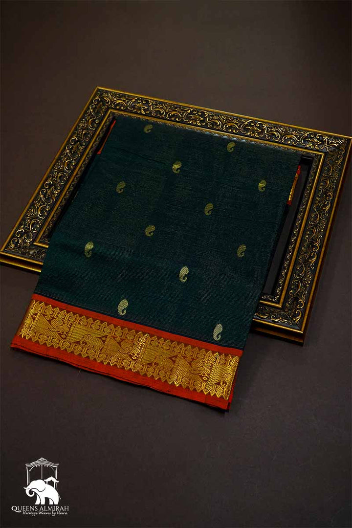 PURE SILK COTTON - PEACOCK BLUE WITH MUSTARD GRAND BORDER - Queens Jewel Emporium