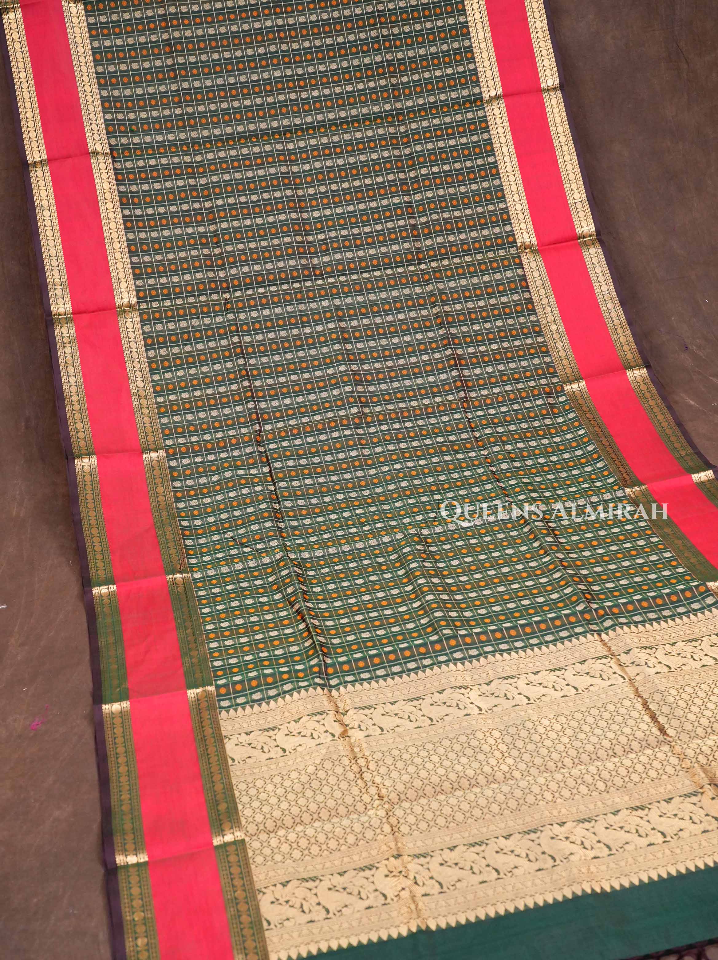 Dark Green With Burgundy Chettinad Silk Cotton Saree