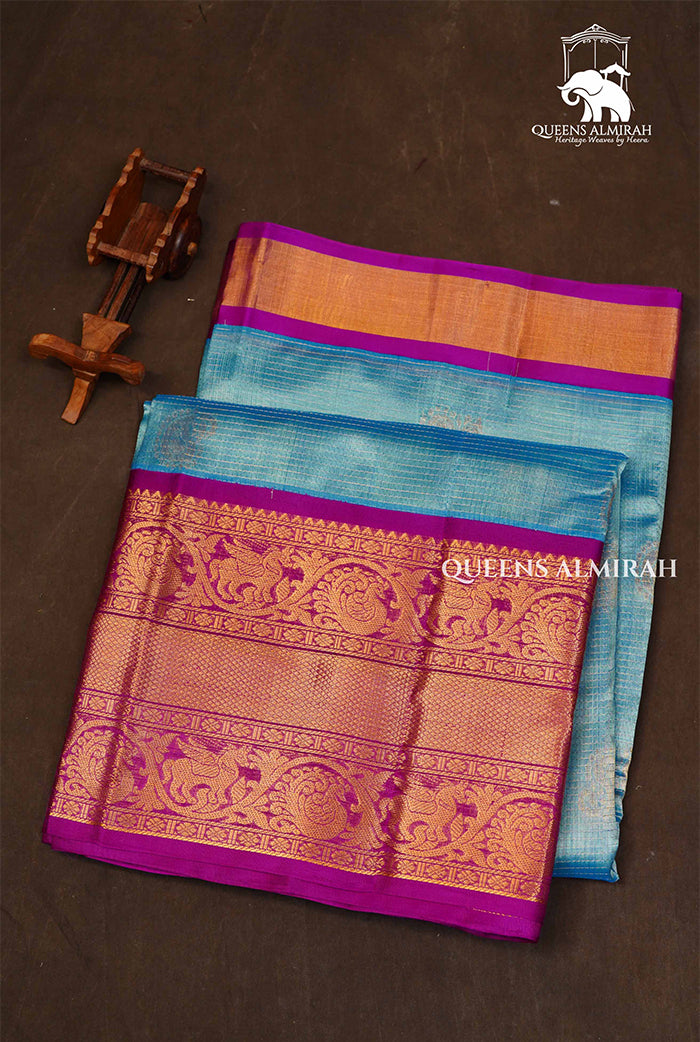 Blue Kattam With Purple Lomg And Short Border Pure Silk Cotton Saree