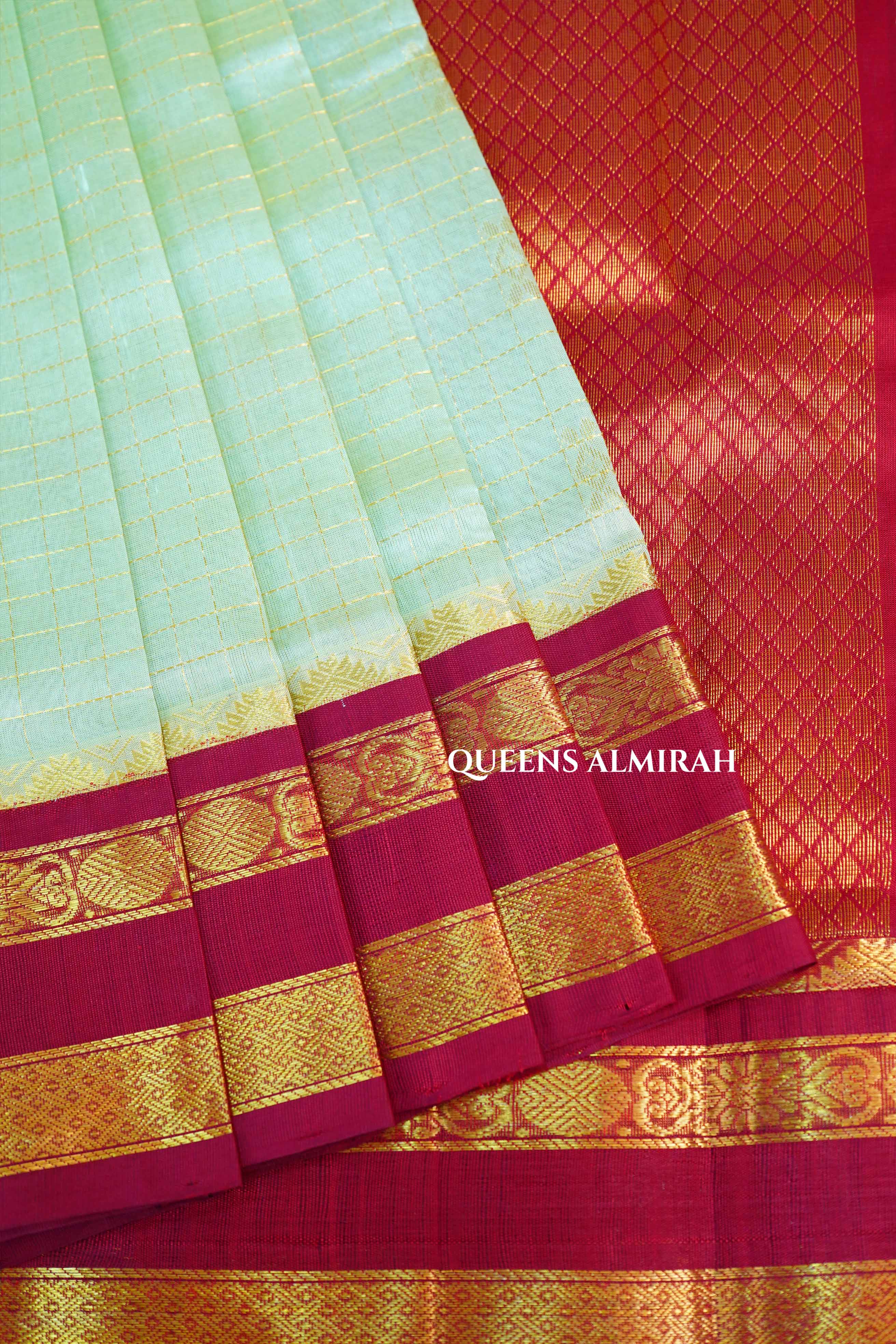Pista Green Kattam With Red Pure Silk Cotton Saree