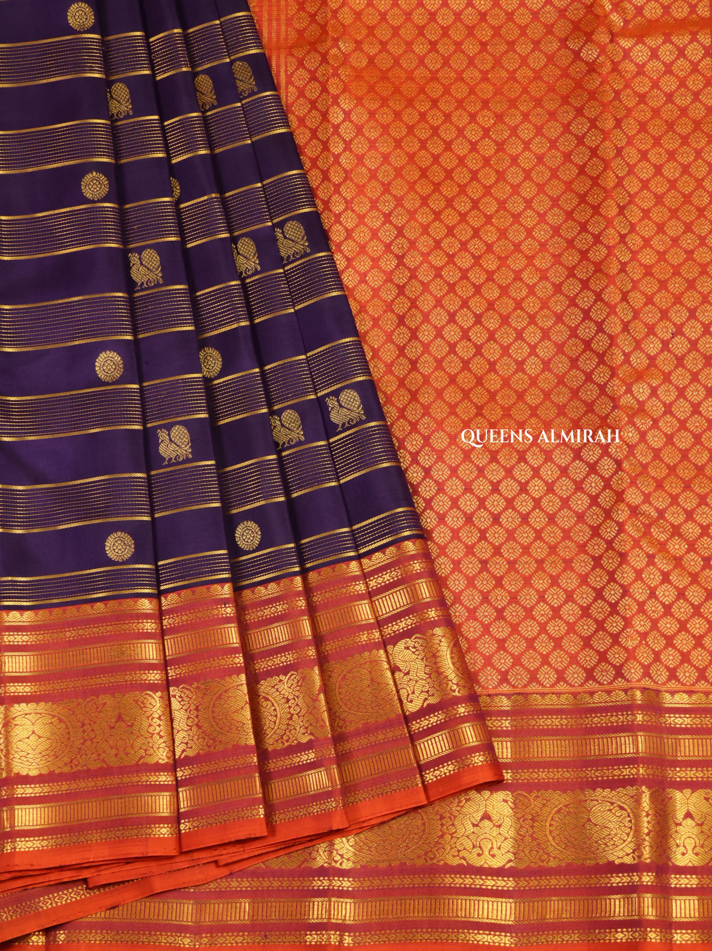 Navy Blue With Orange Pure Kanchivaram Silk Saree