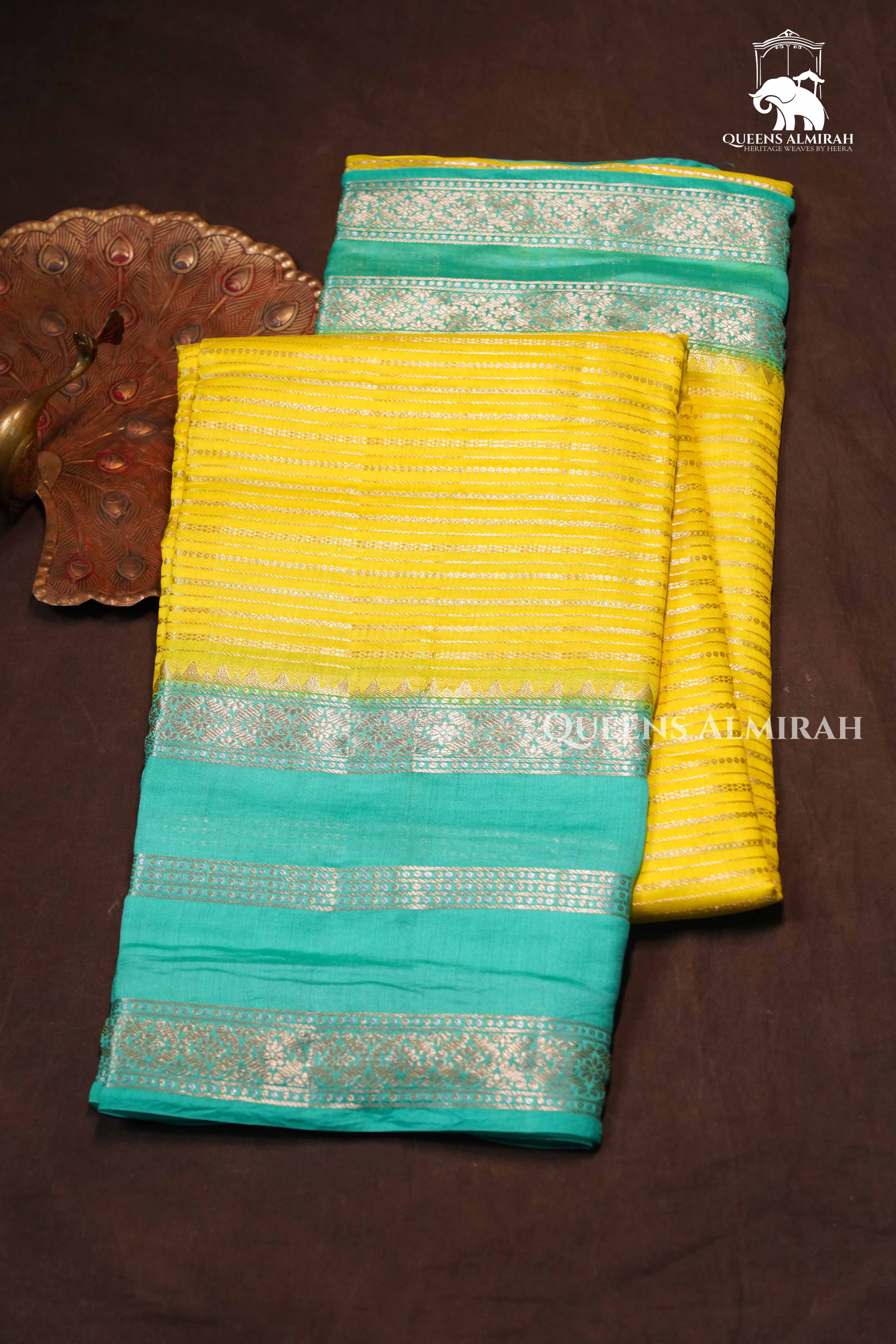 Lime Yellow With Blue Chinniya Silk Saree