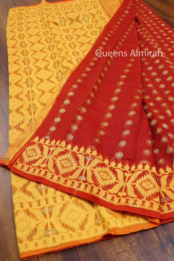 CHILLY RED WITH YELLOW  JAMDANI COTTON SAREE - Queens Jewel Emporium