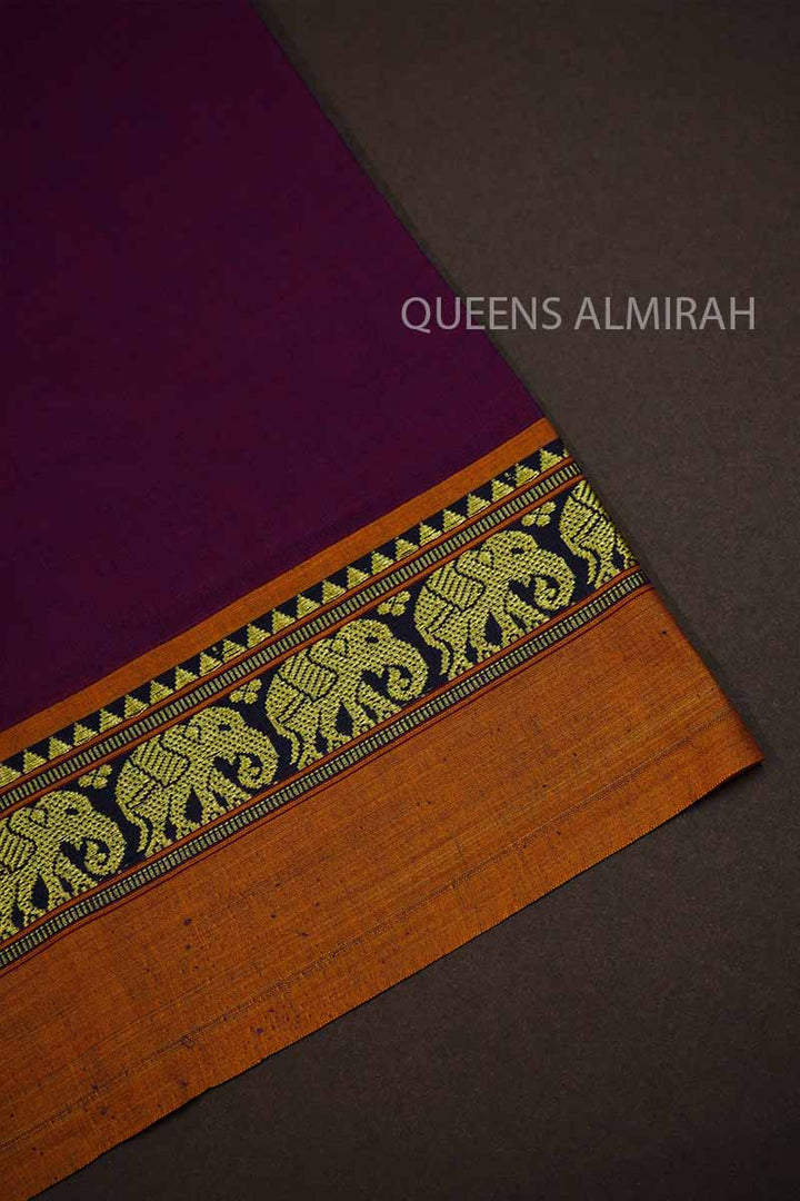 PLUM PURPLE WITH BURNT ORANGE BORDER NARAYANPET COTTON SAREE - Queens Jewel Emporium