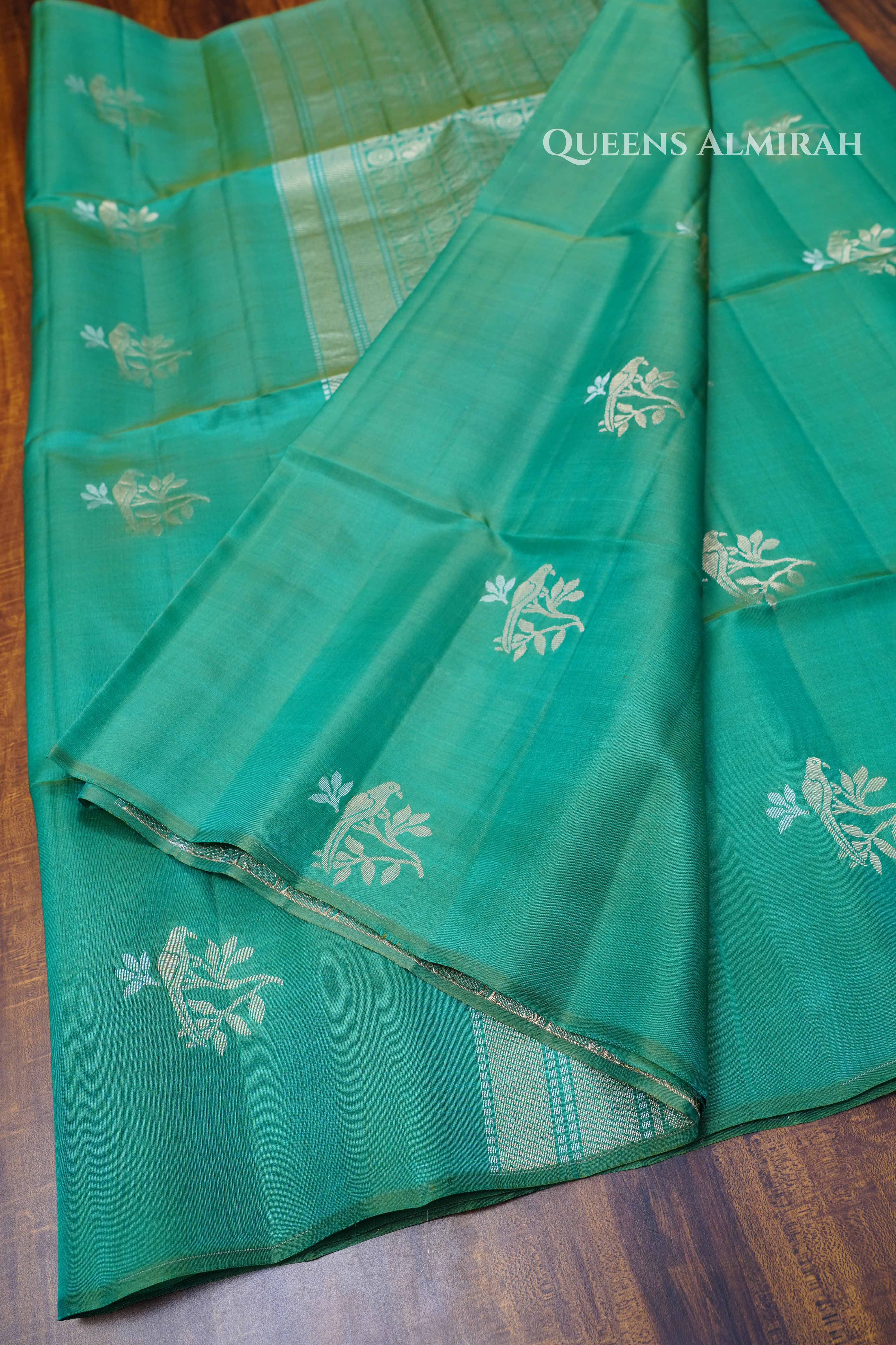 Sea Green Pure Kora Soft Silk Saree