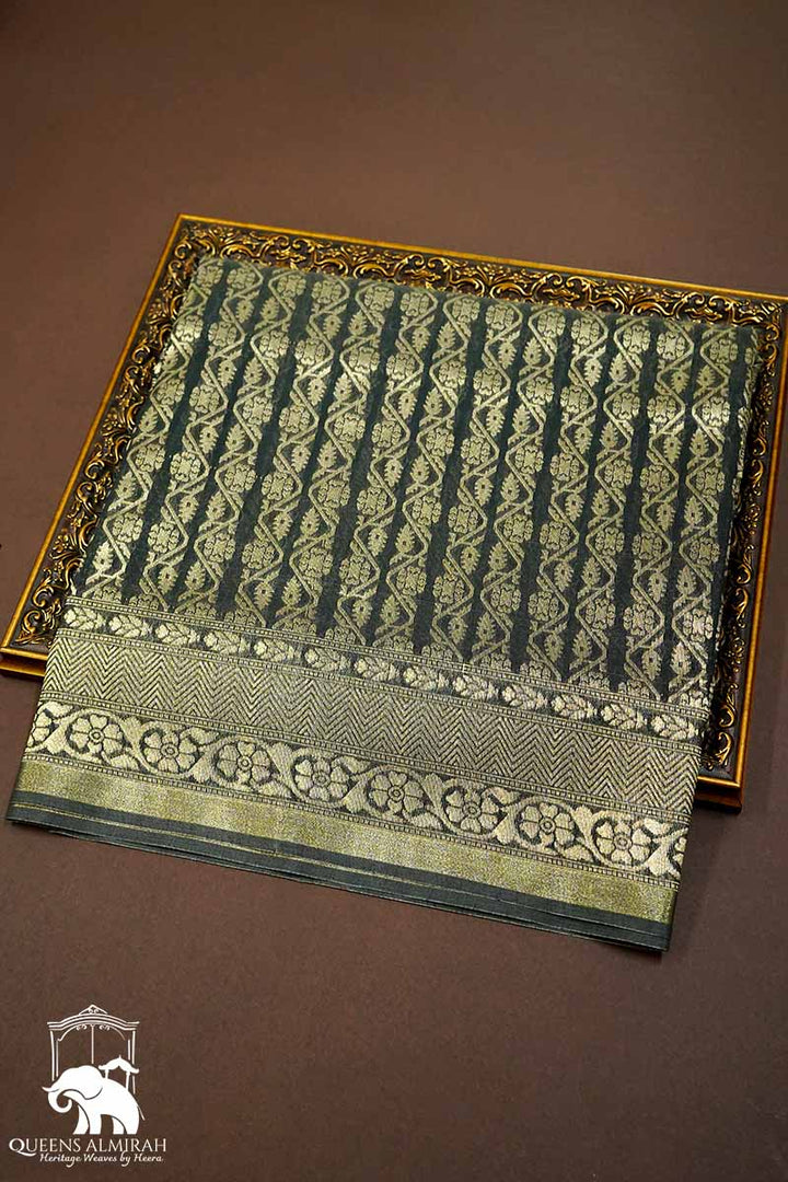 ELEPHANT GREY BROCADE SILK COTTON SAREE - Queens Jewel Emporium