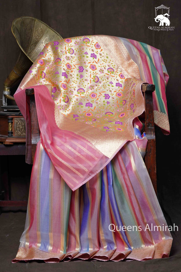 PINK WITH BLUE BANARASI ORGANZA SILK SAREE
