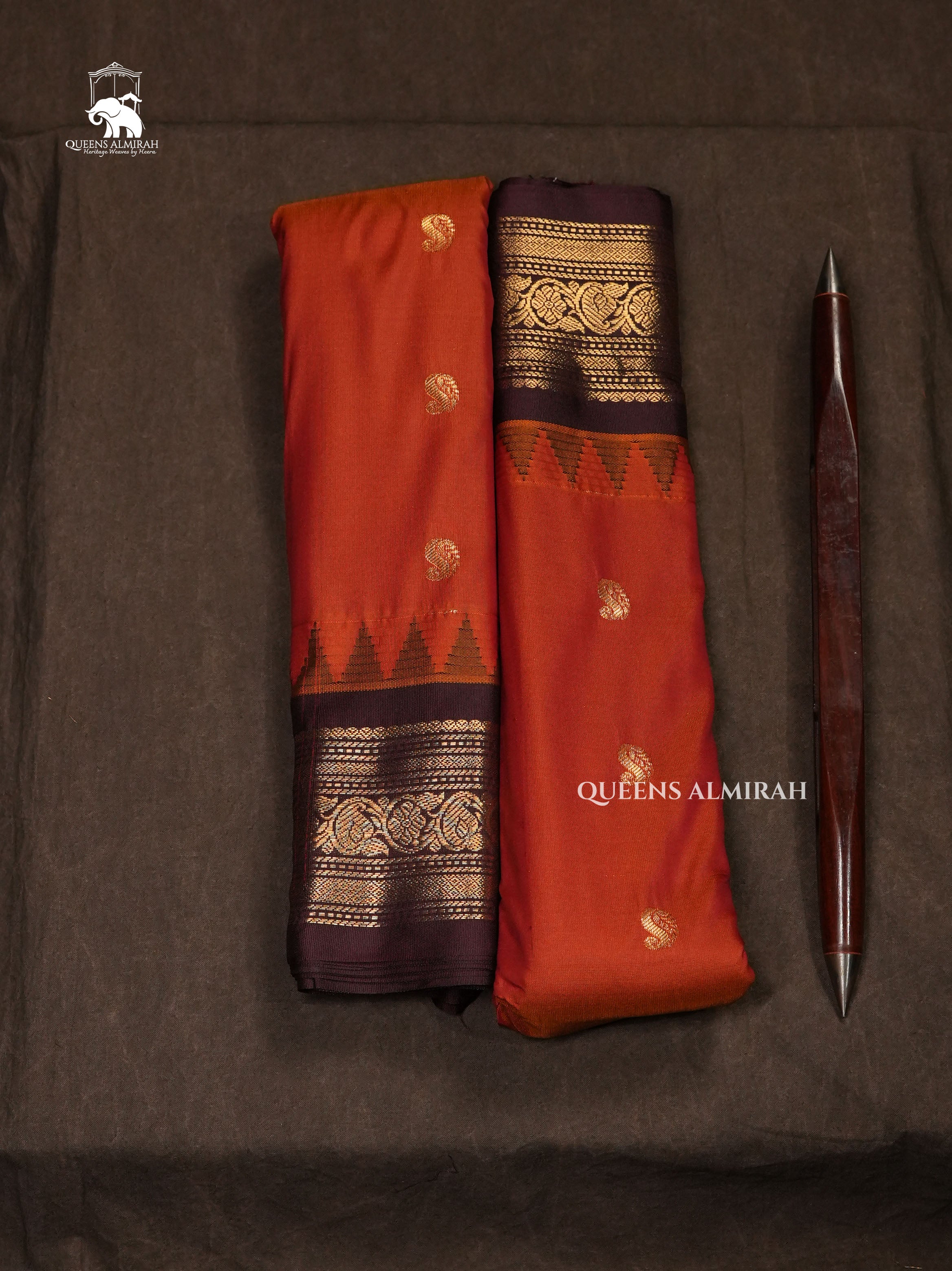 Rust Orange With Brown Semi Gadwal Silk Saree