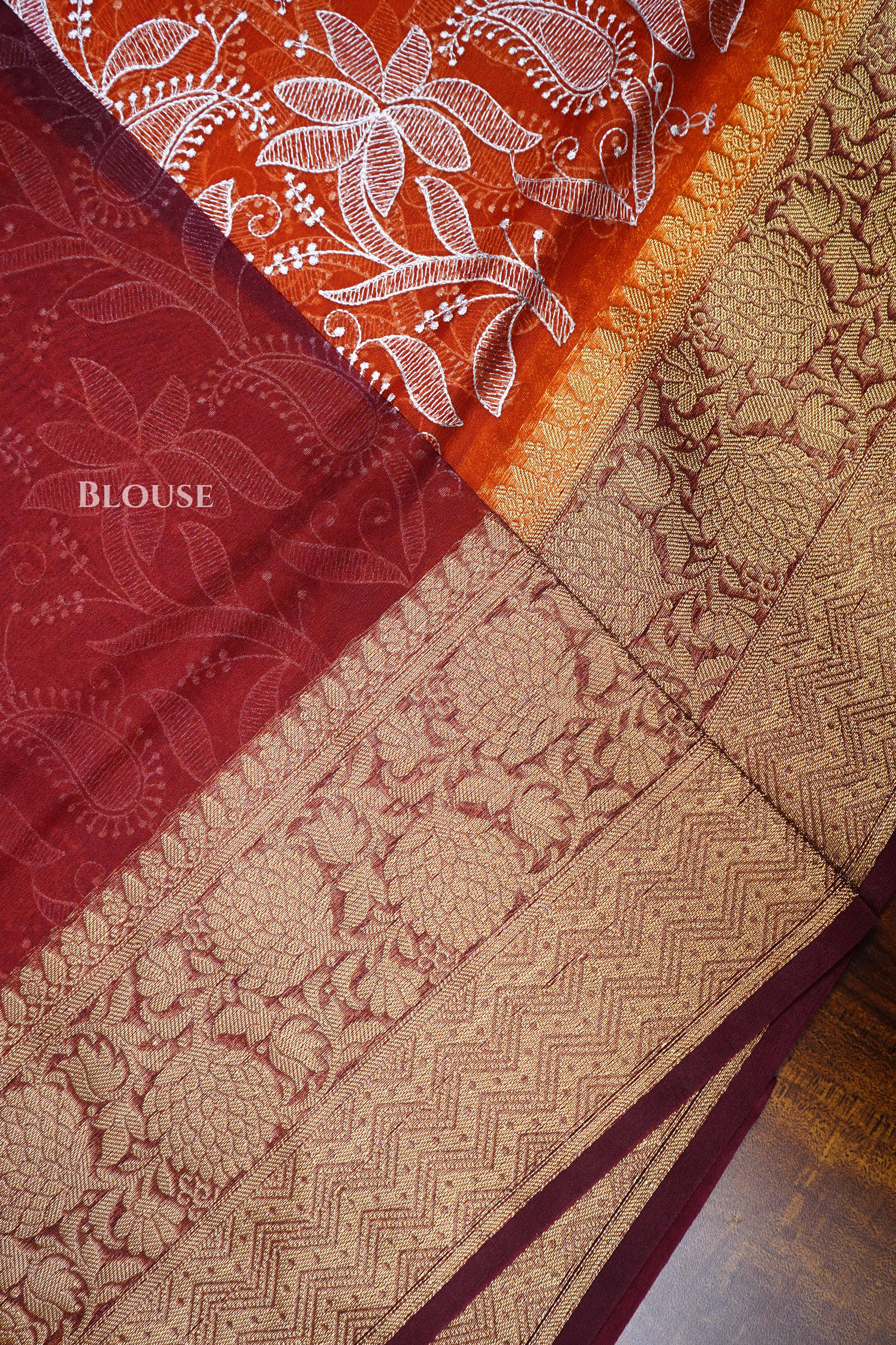 Rust Orange With Cocoa Bean Semi Banarasi Silk Saree