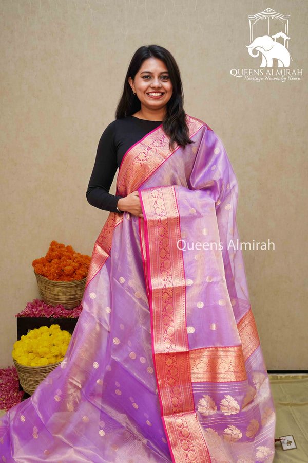 LAVENDER PURPLE KATAN HANDLOOM PURE CHANDERI SILK TISSUE SAREE - Queens Jewel Emporium