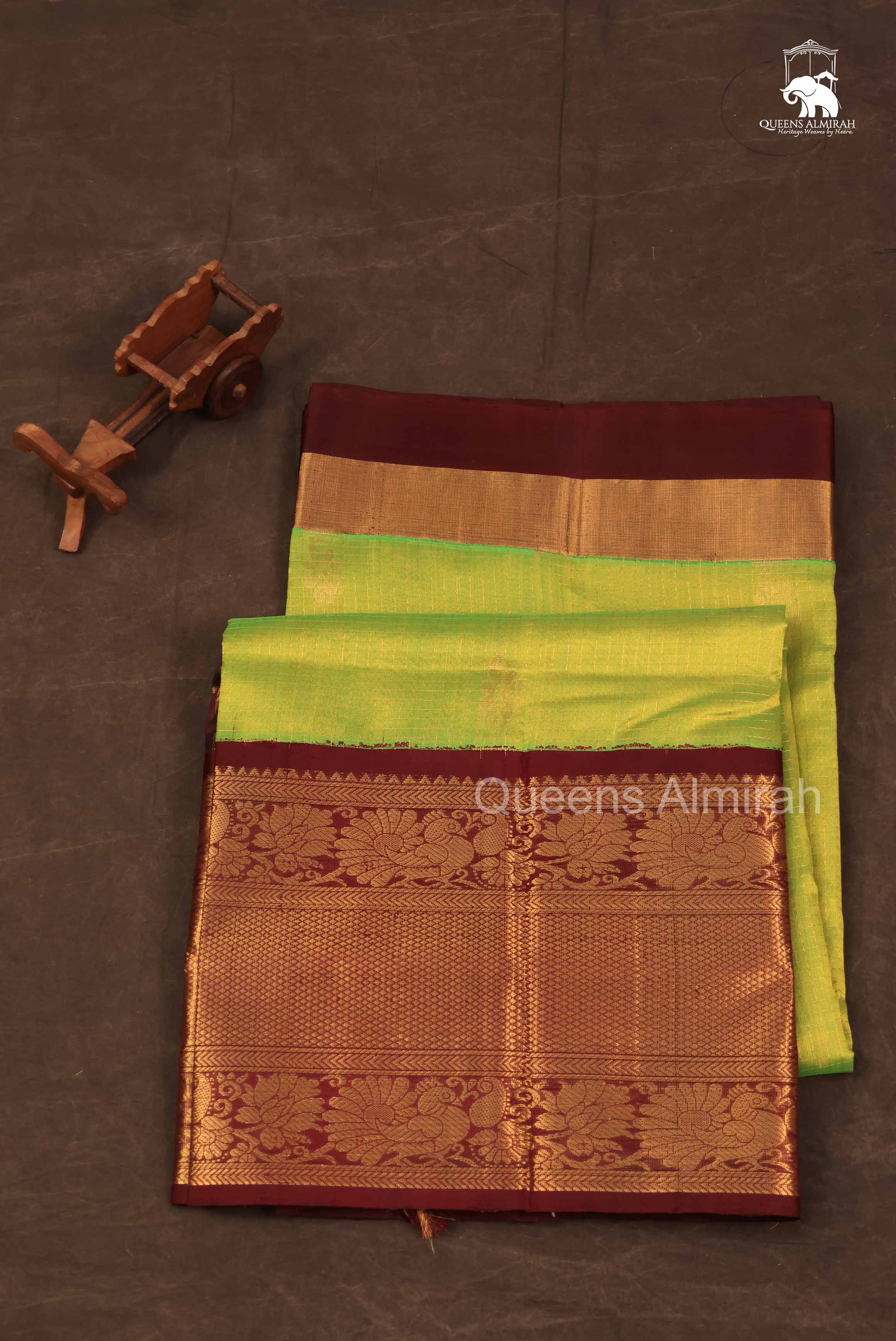 Parrot Green With Brown Maroon Long And Short Border Pure Silk Cotton Saree