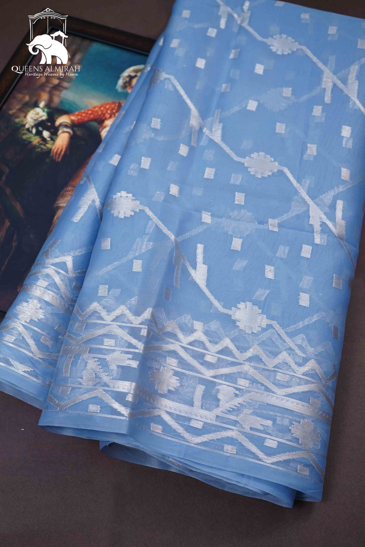 DUSKY BLUE MUSLIN JAMDANI SAREE - Queens Jewel Emporium
