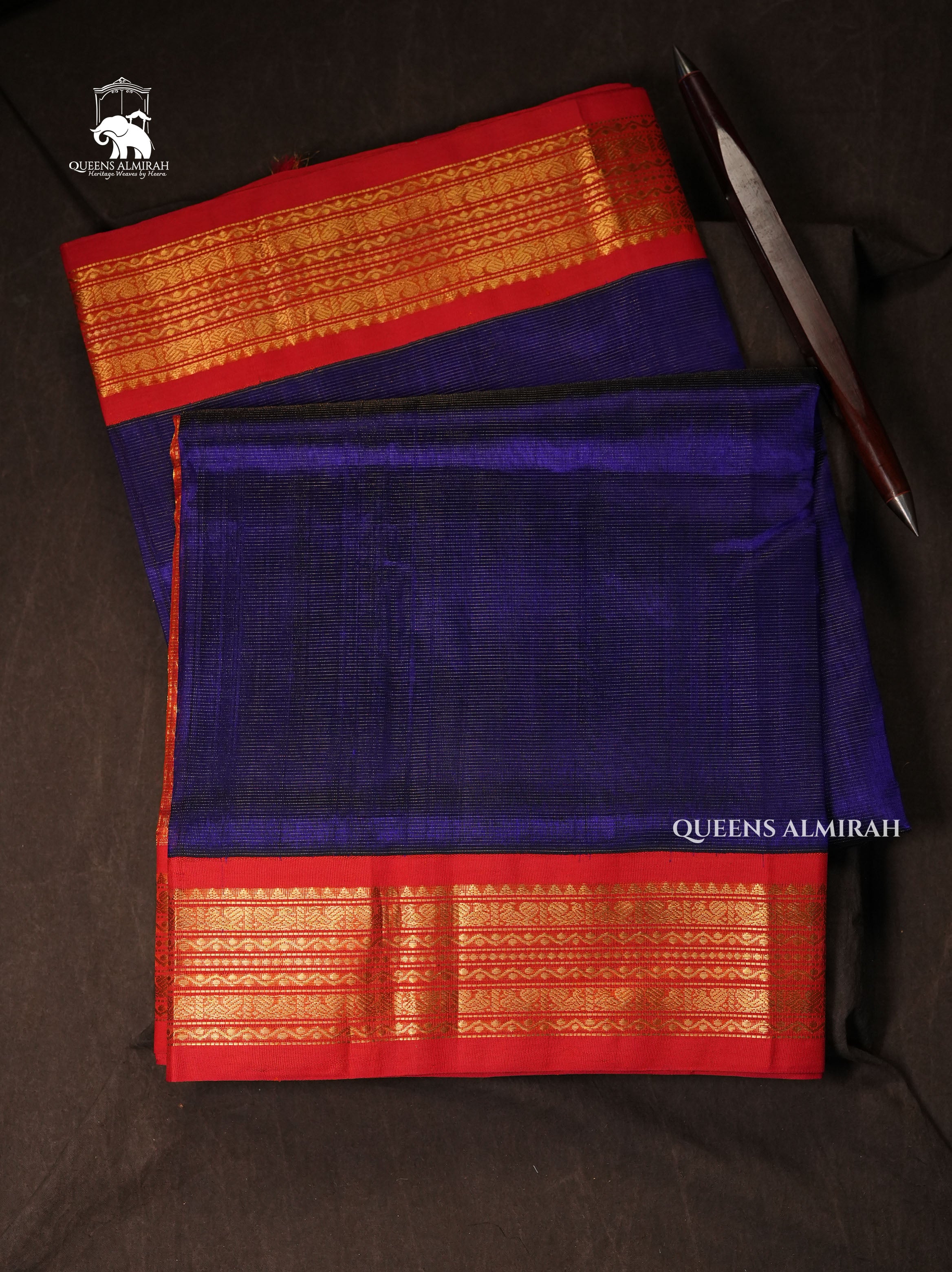 Navy Blue With Red Pure Silk Cotton Saree