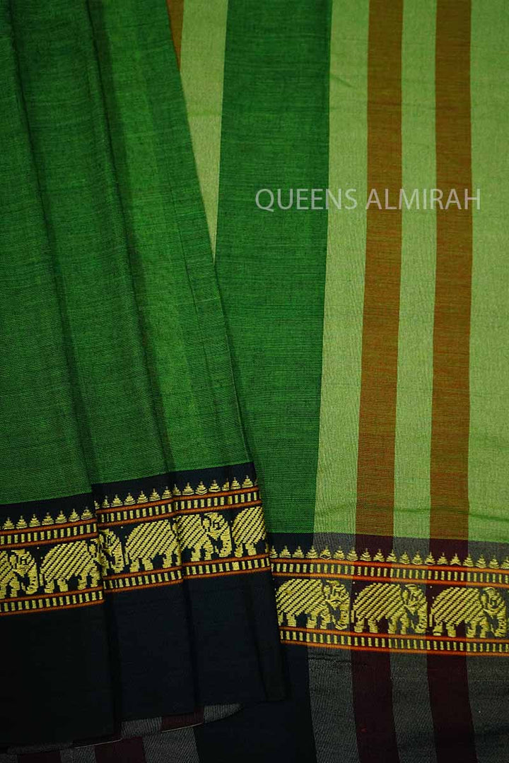 EMERALD GREEN WITH BLACK BORDER NARAYANPET COTTON SAREE - Queens Jewel Emporium
