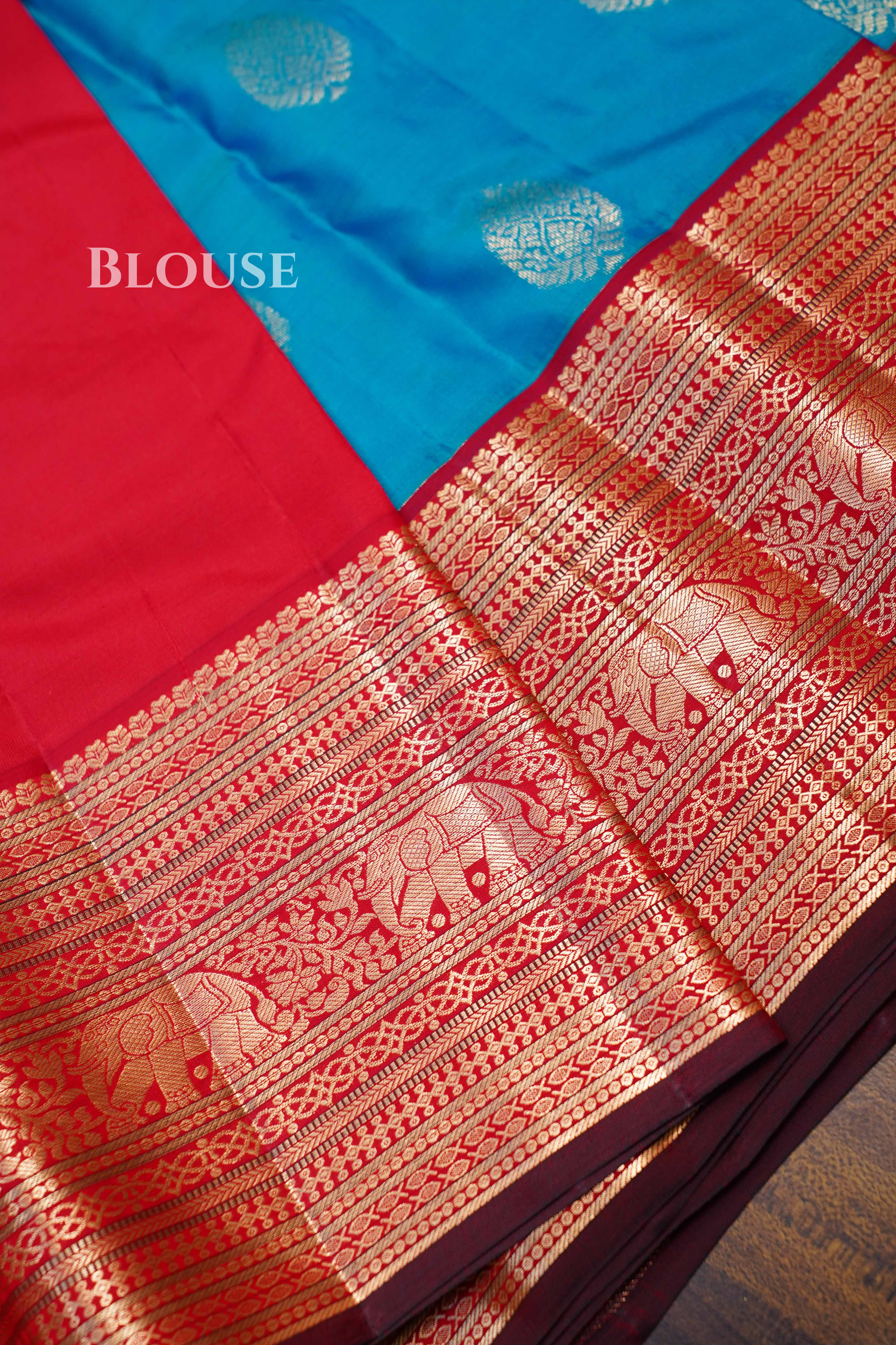 Turquoise Blue With Long And Short Red Border Kanchivaram Silk Saree