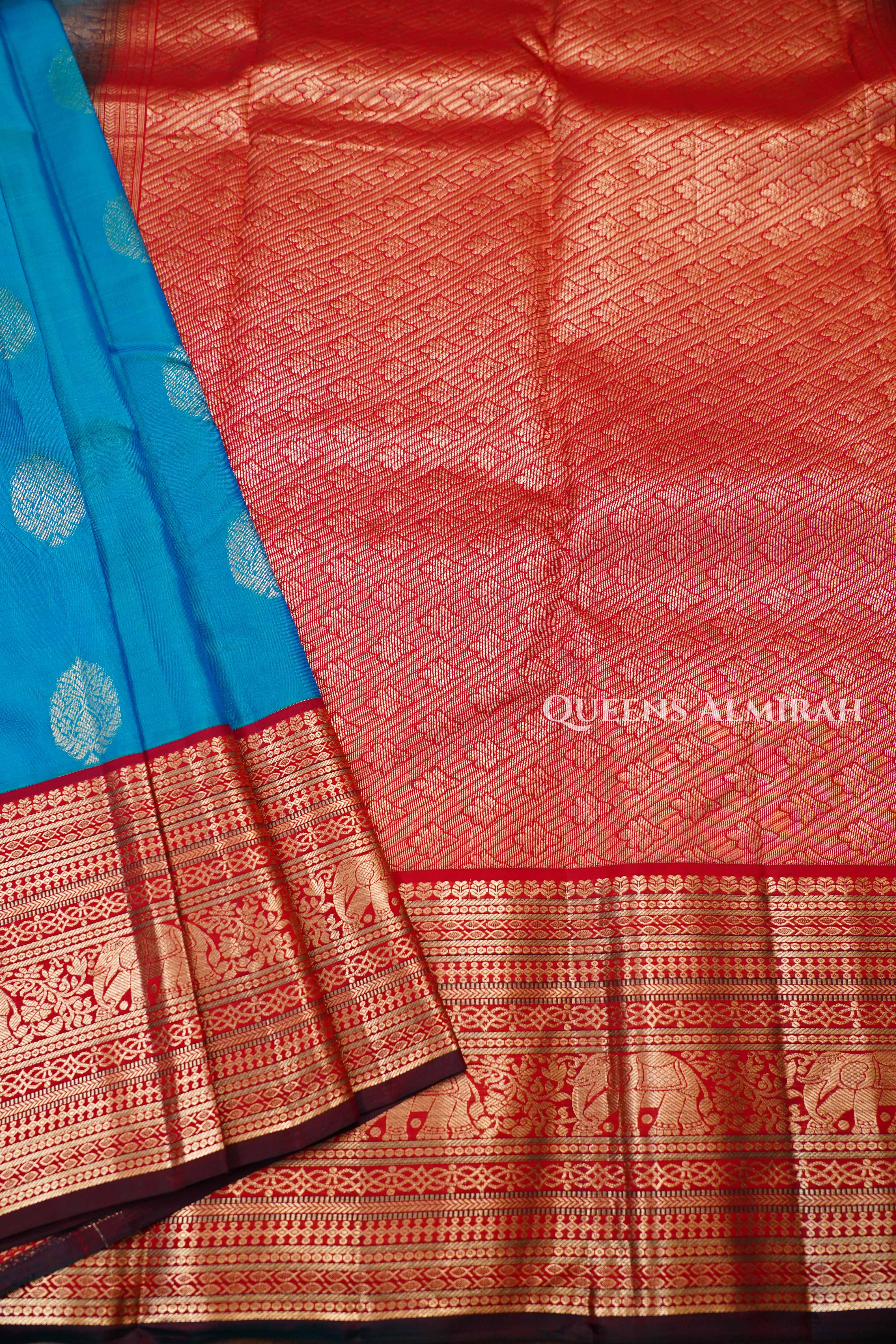 Turquoise Blue With Long And Short Red Border Kanchivaram Silk Saree