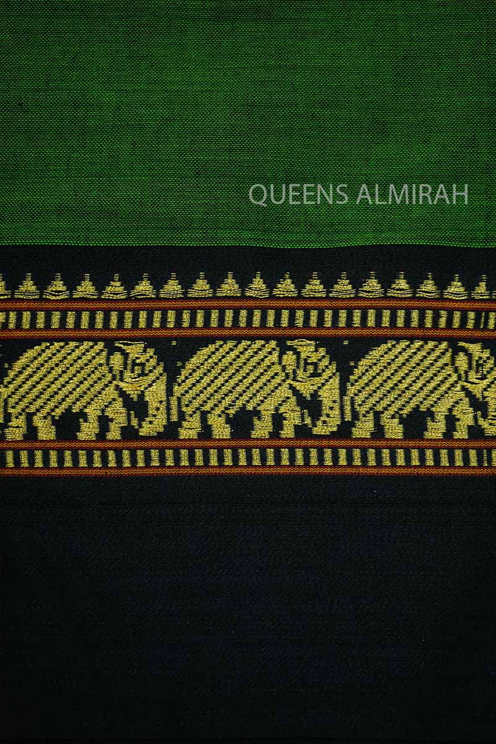 EMERALD GREEN WITH BLACK BORDER NARAYANPET COTTON SAREE - Queens Jewel Emporium