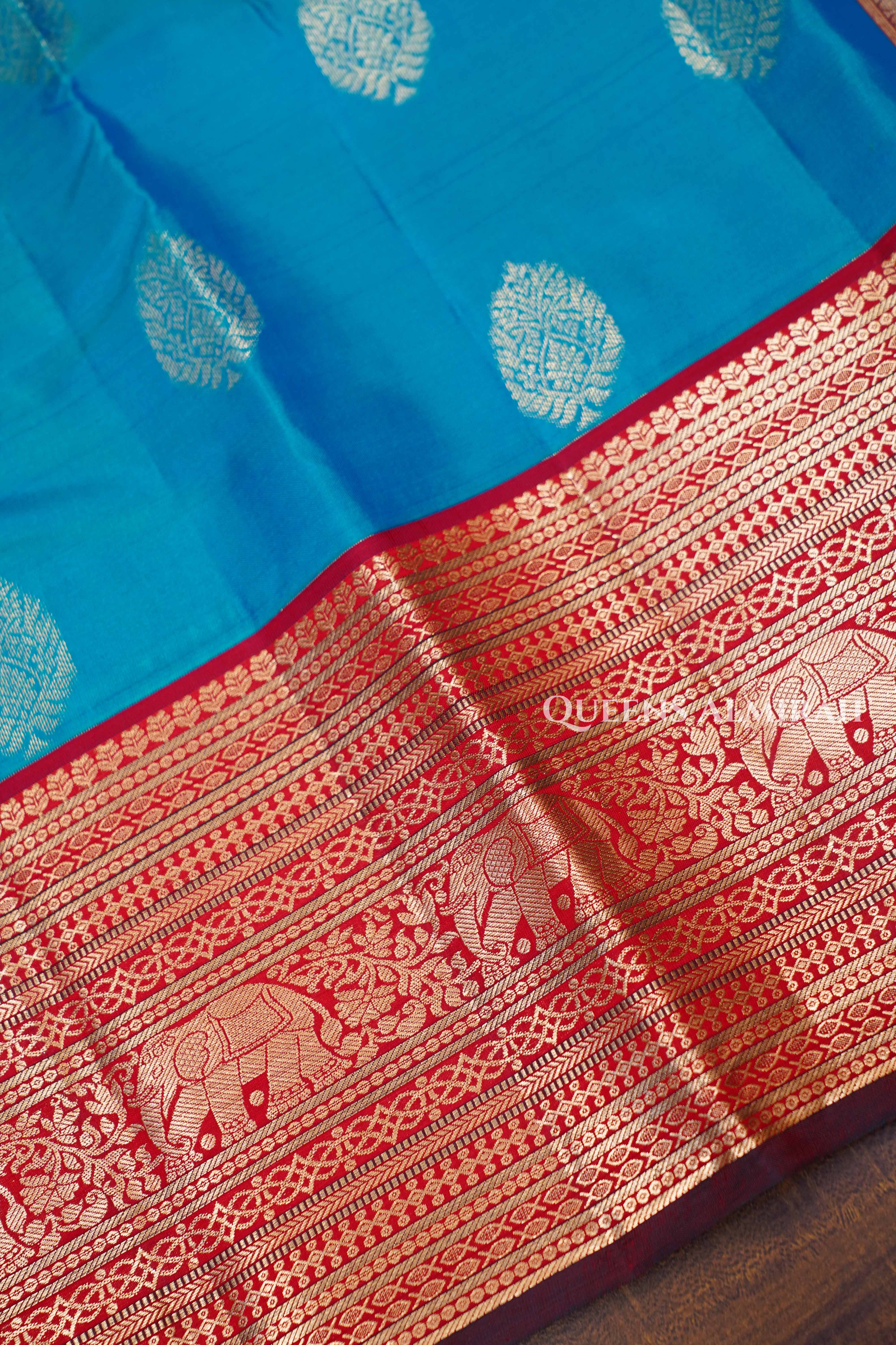 Turquoise Blue With Long And Short Red Border Kanchivaram Silk Saree