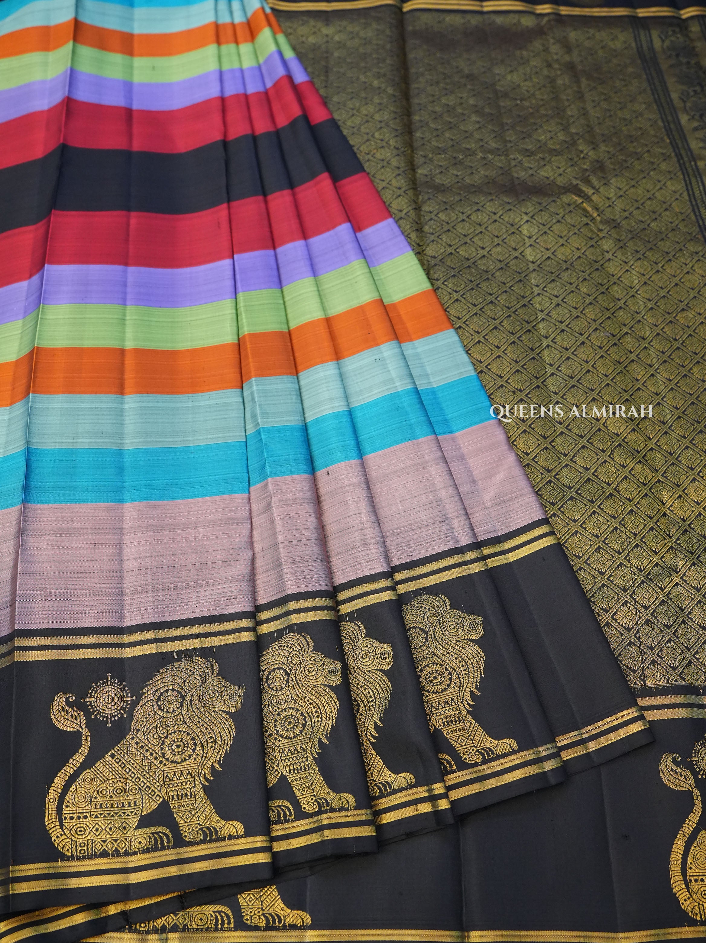 Multicolor With Black Pure Kanchivaram Silk Saree