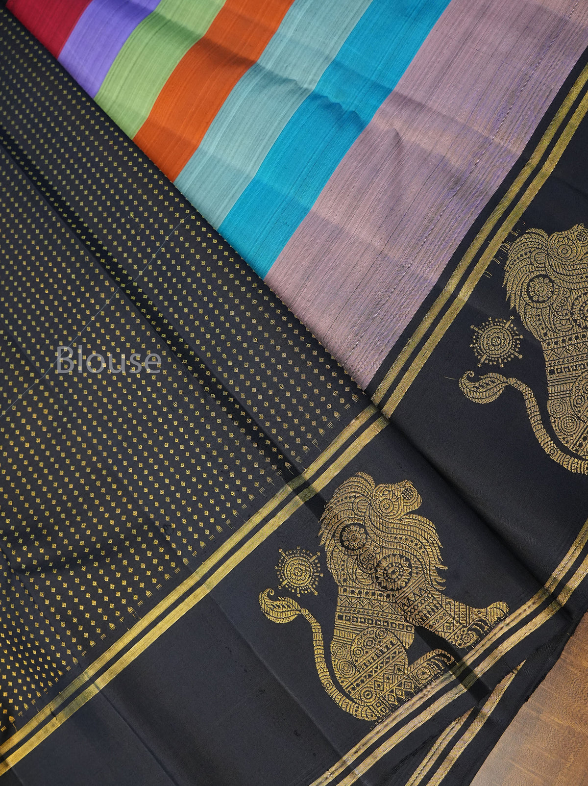 Multicolor With Black Pure Kanchivaram Silk Saree