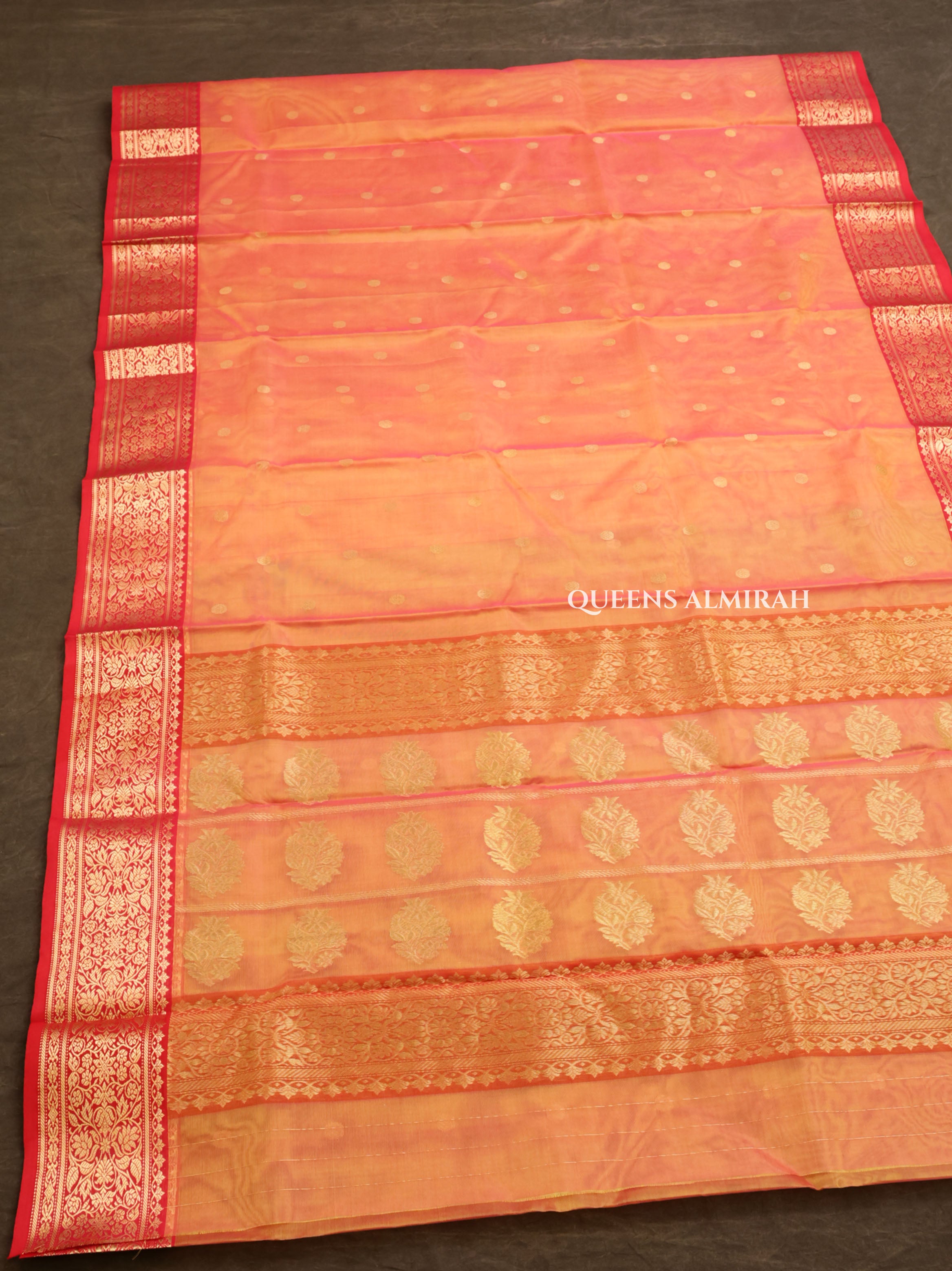 Orange With Red Chanderi Katan Silk Handloom Saree