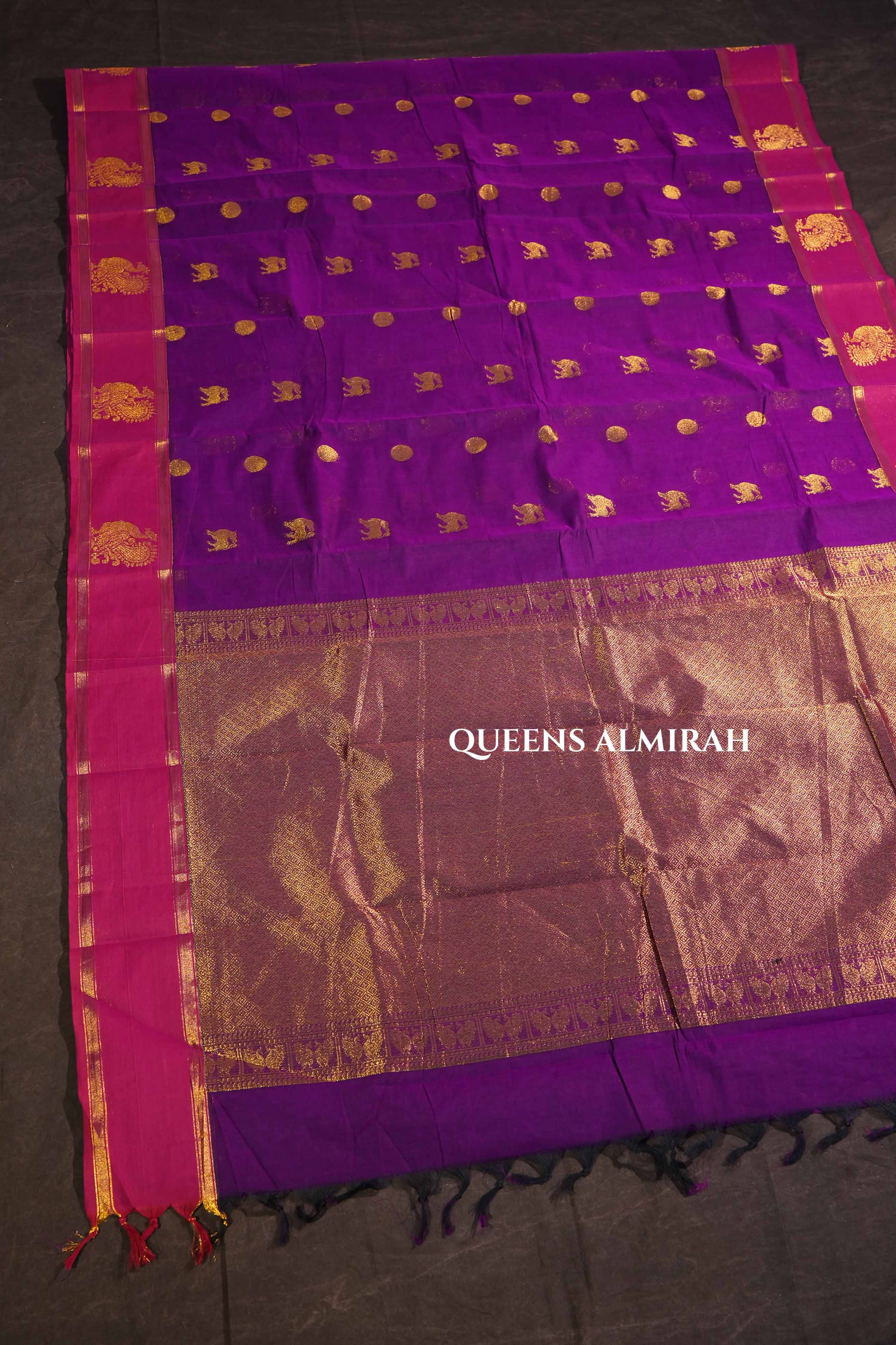 Purple With Pink Peacocok Border Kanchi Cotton Saree