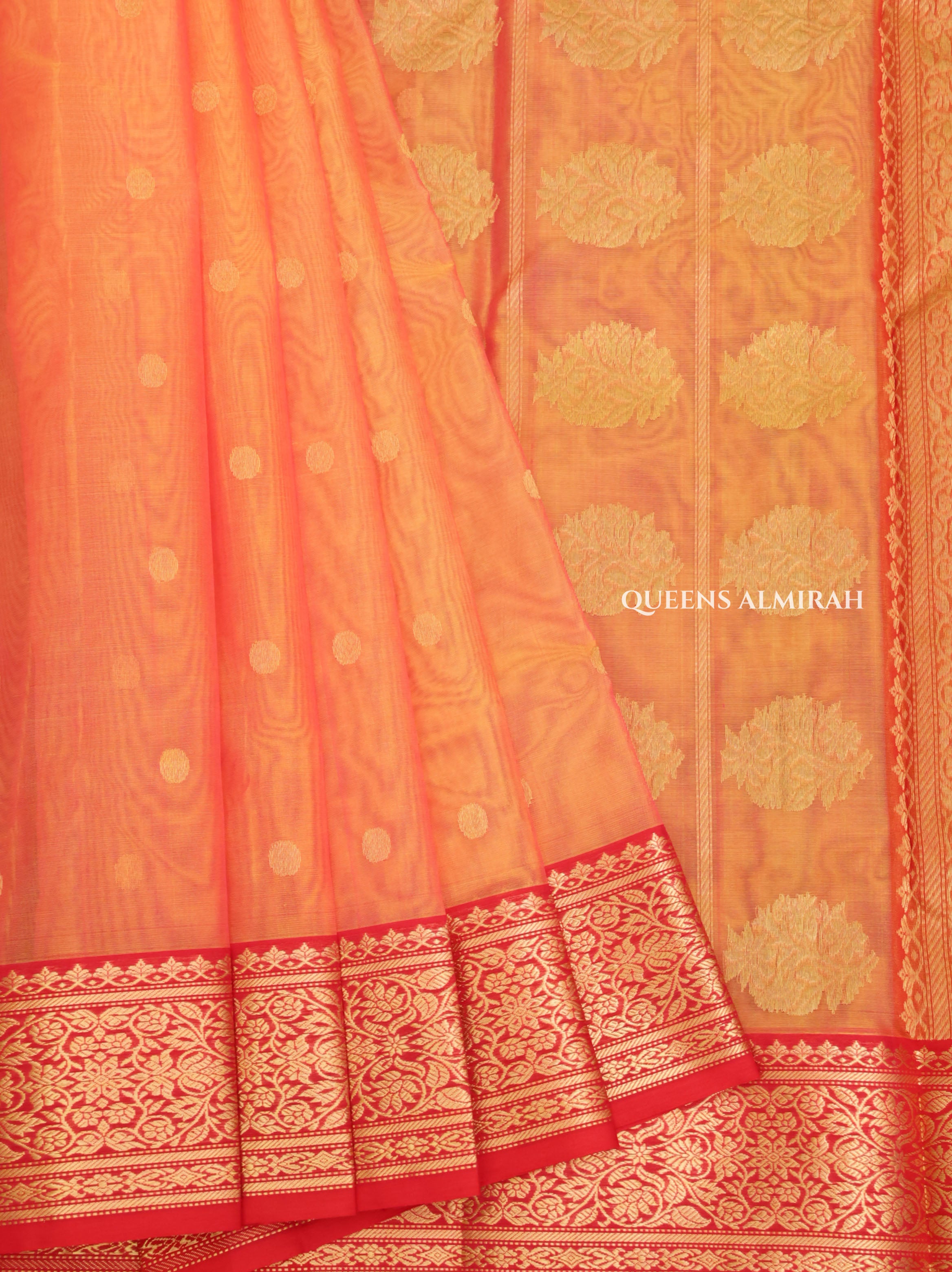 Orange With Red Chanderi Katan Silk Handloom Saree