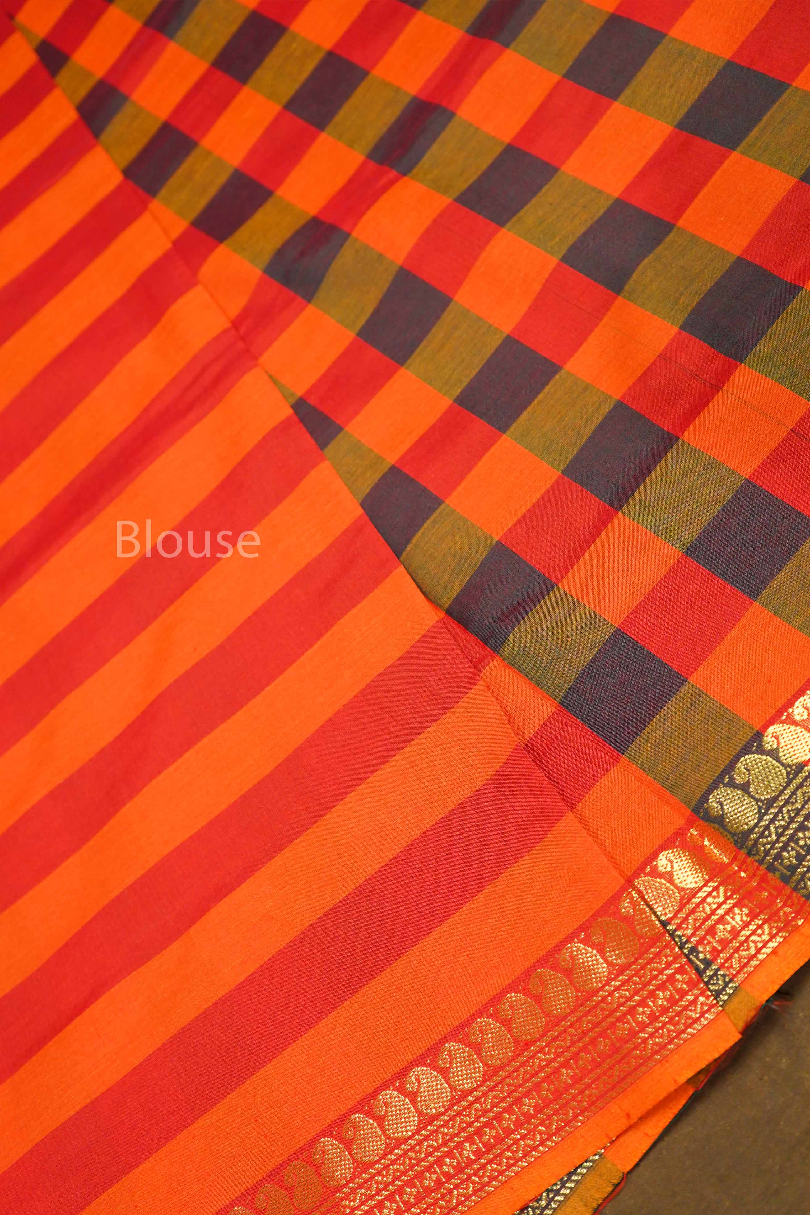 Red With Blue Checks Semi Silk Cotton Saree