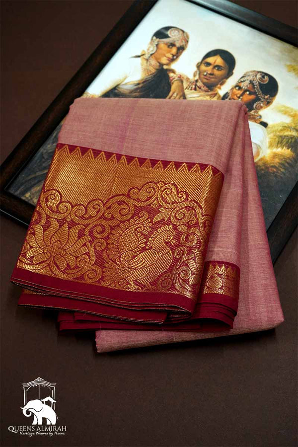 ONION PINK WITH RED KANCHI COTTON SAREE - Queens Jewel Emporium