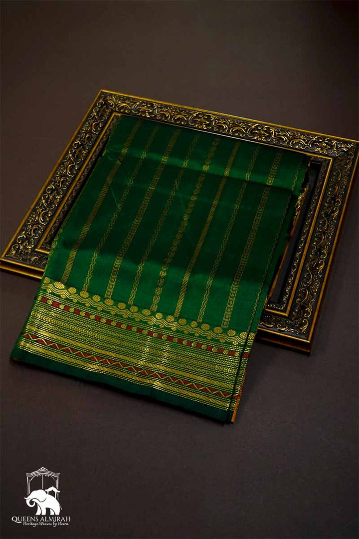 PURE KANCHI SILK COTTON - GRAND LEAF GREEN WITH MUSTARD YELLOW - Queens Jewel Emporium