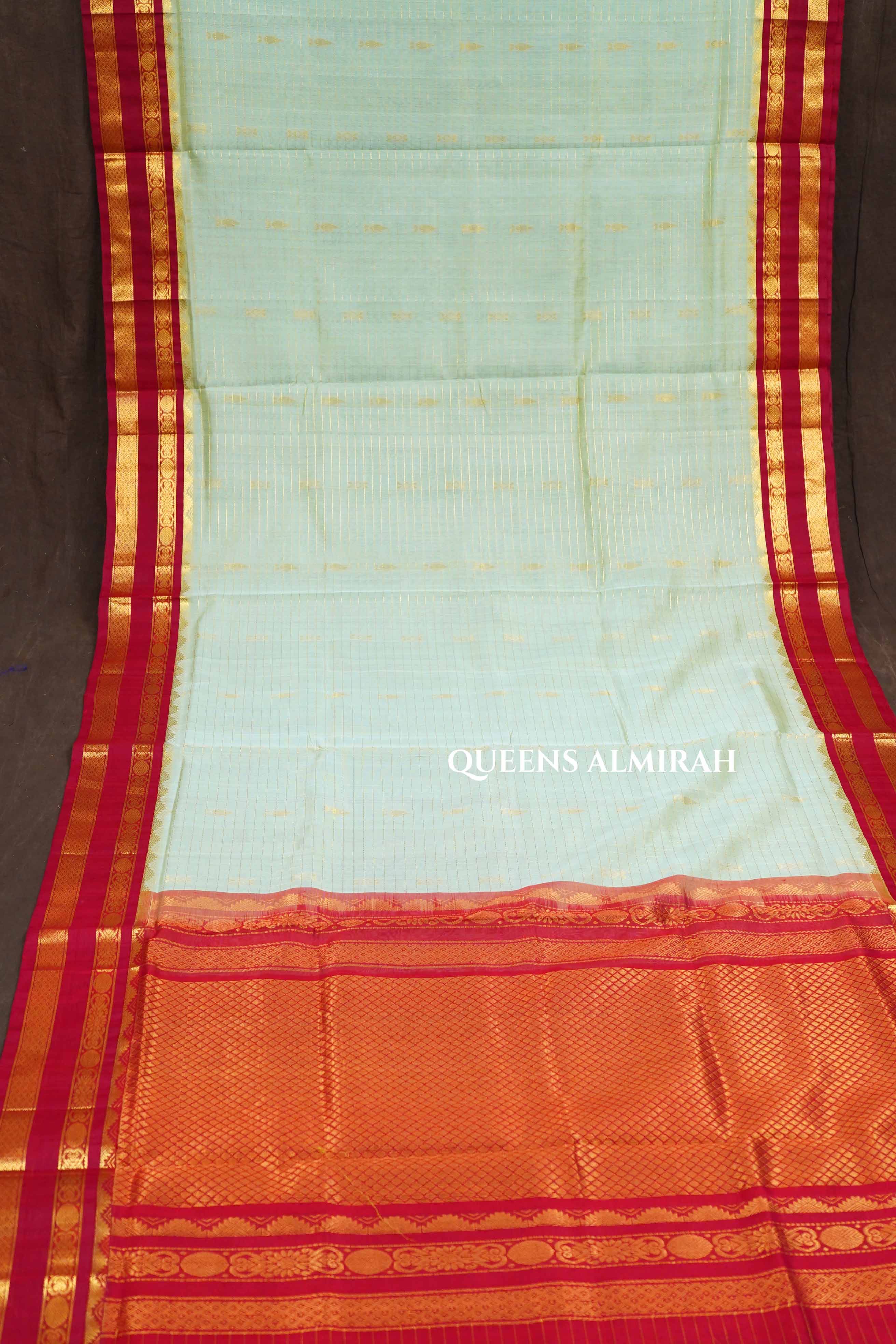 Pista Green Kattam With Red Pure Silk Cotton Saree