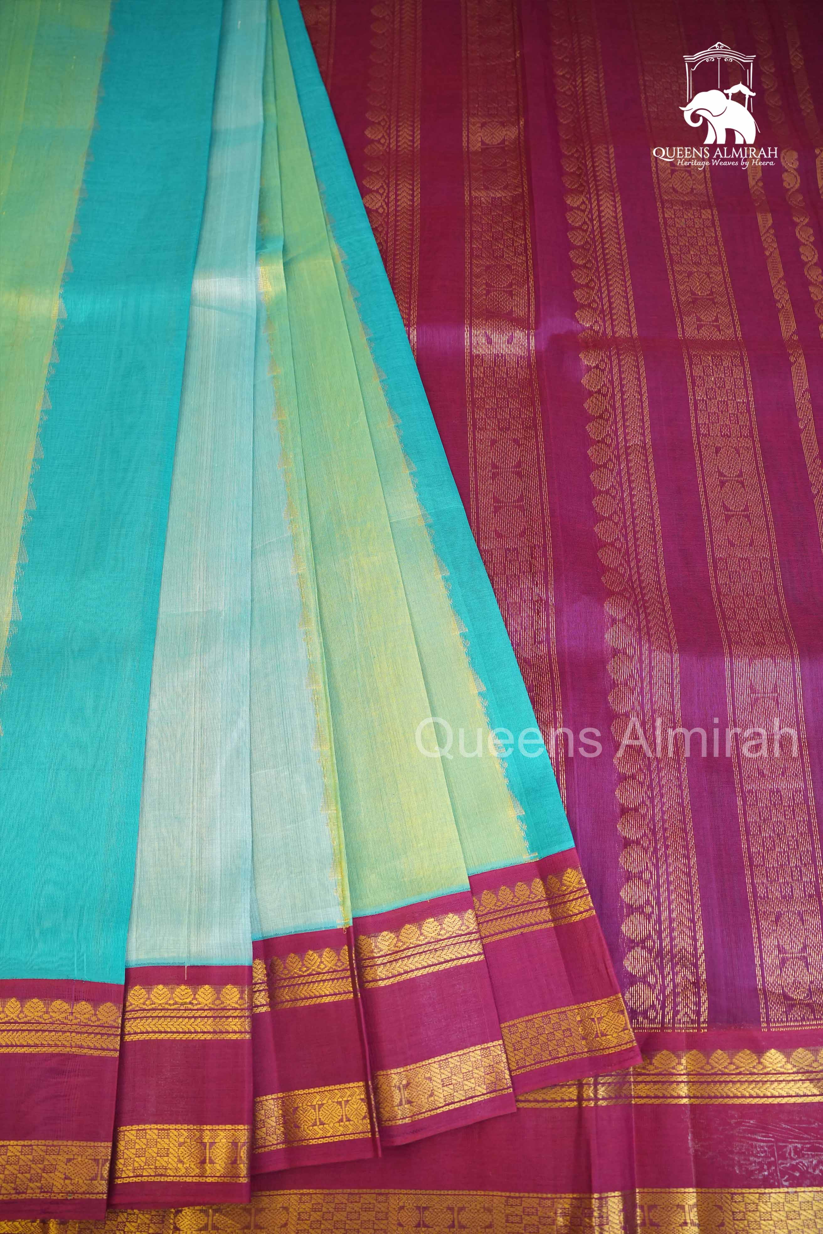 Multi Color With Purple Gap Border Pure Silk Cotton Saree